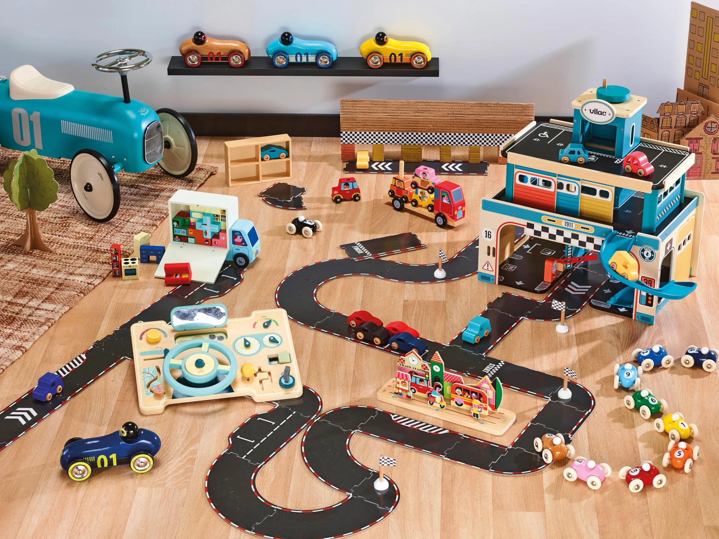 Vilac Circuit Réversible 42 Pièces + 2 Voitures Jouet Enfants 3 Ans+