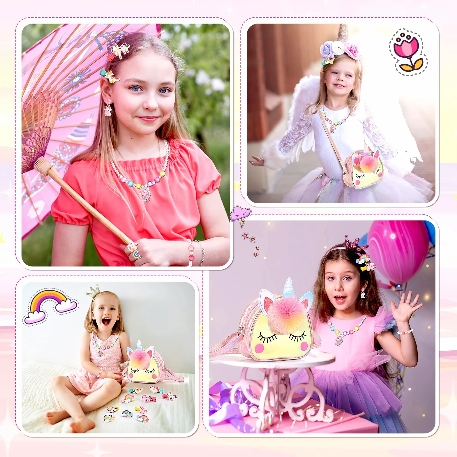 Hapikids Sac à Main Bijoux Enfants Fille Unicorn Collier Bracelet Boucle d'oreille Bagues Kit Cadeau 2-6 Ans