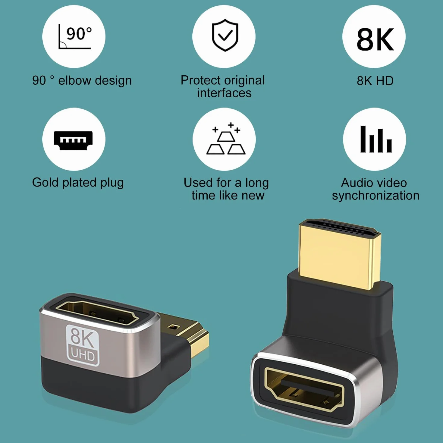Adaptateur HDMI Coudé 8K 2.1, Rallonge HDMI Mâle Femelle Angle Droit 90° et 270° Plaqué Or