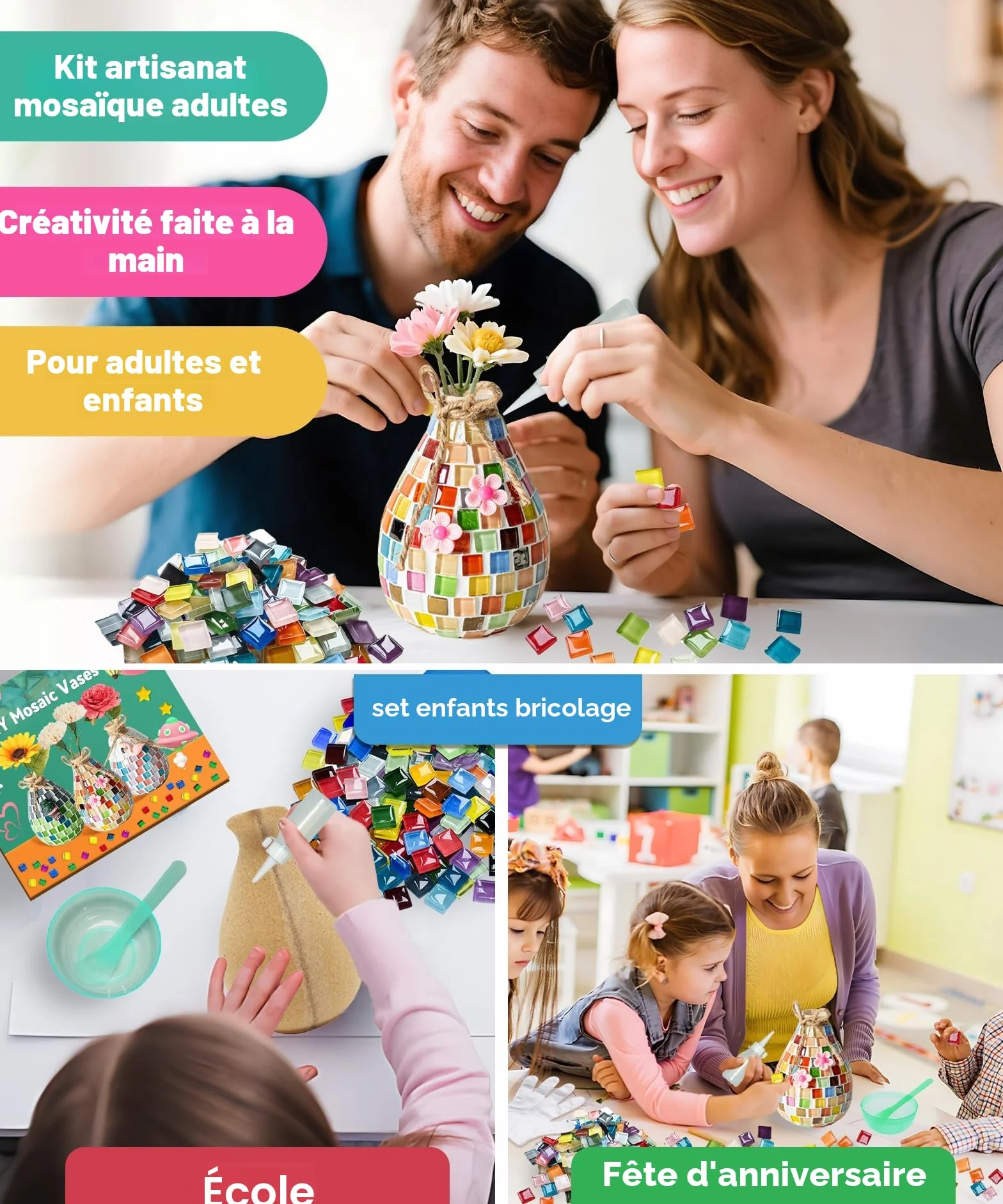 Kit de bricolage mosaïque enfant Daity cadeau fille 6-12 ans petit vase coloré