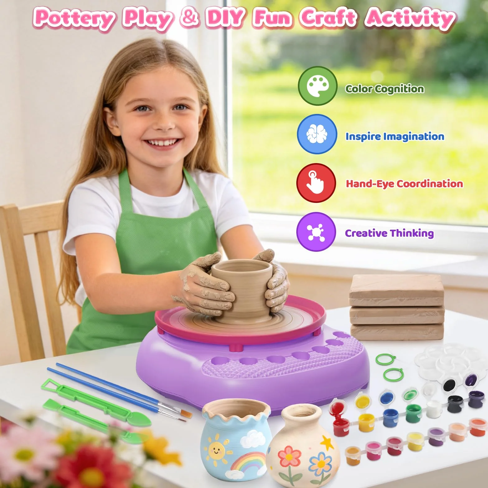 Tour de Potier Enfant avec Argile et Peinture, Kit Poterie Auto-Durcissante Cadeau Créatif