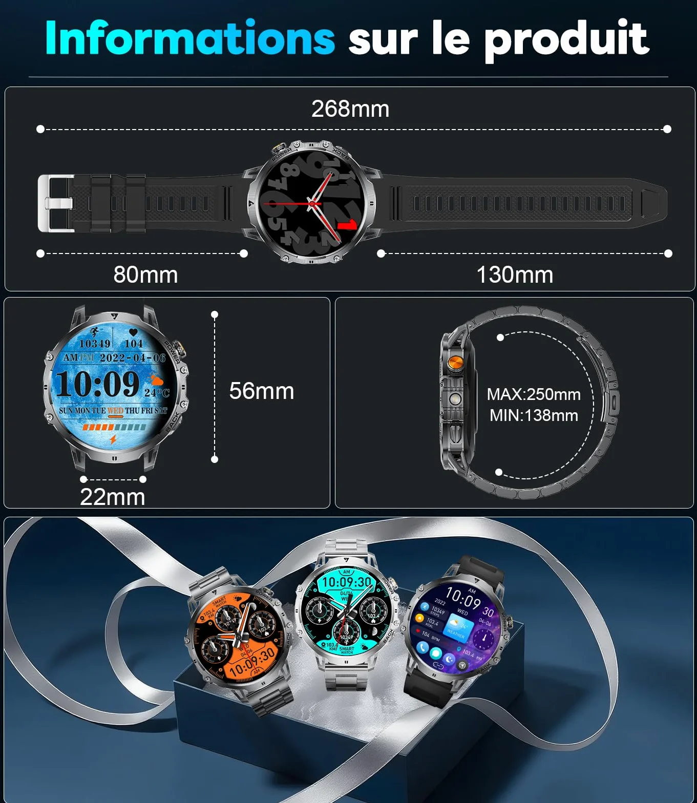 LIGE Montre Connectée Homme 1,85" HD Grand Écran LED Lampe Smartwatch Moniteur Fréquence Cardiaque Sommeil 110+ Modes Sportifs IP68 Étanche Noir