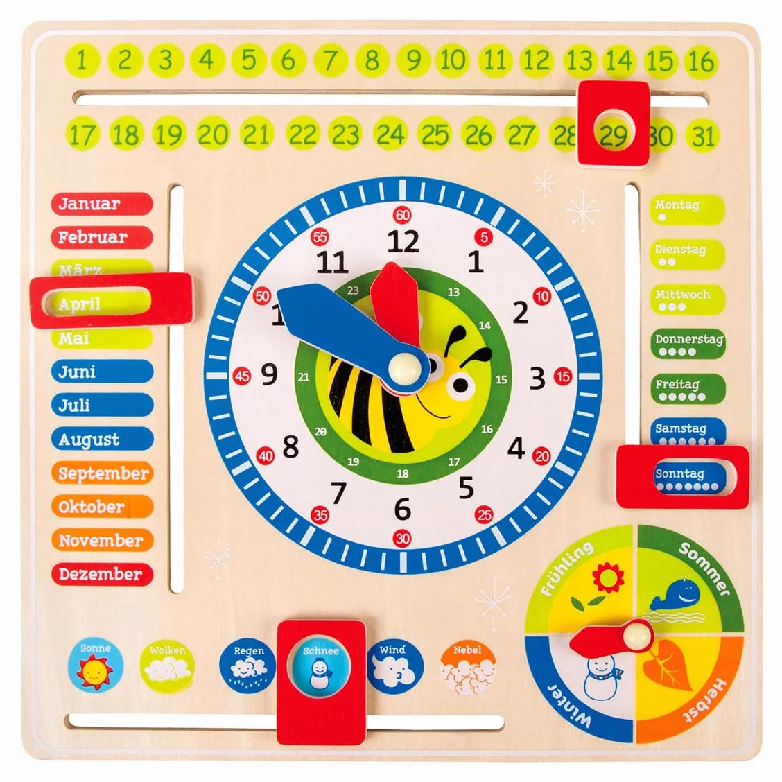 Tableau éducatif en bois pour apprendre la date, l'heure, les saisons et le temps, âge 3+