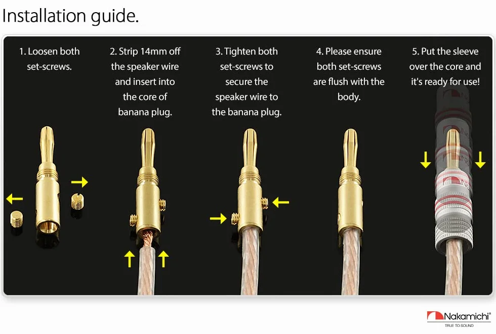 Nakamichi Fiche banane plaquée or 24K 12 AWG - 18 AWG 4 mm pour haut-parleurs Amplificateur Hi-Fi Connecteur à vis 4 pièces