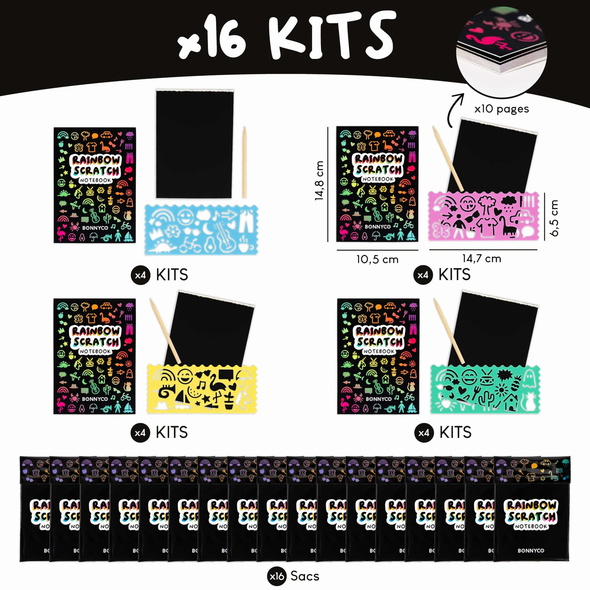 BONNYCO Carte a Gratter Enfant 16 Sets avec Carnet, Pochoir et Stylet en Bois
