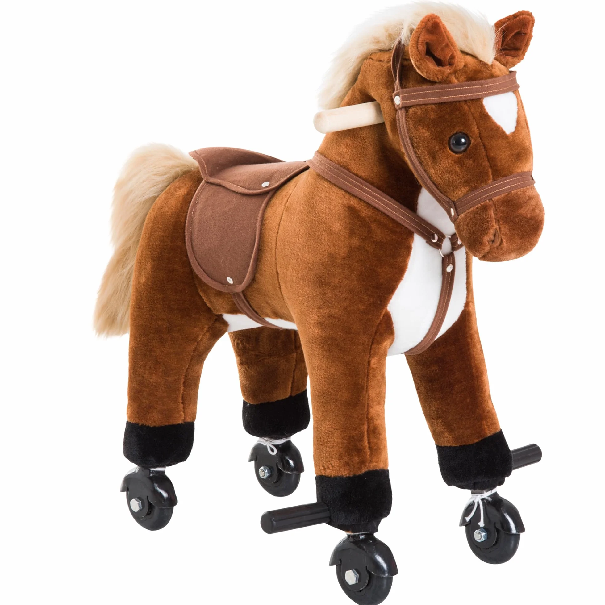 HOMCOM Cheval en Peluche pour Enfant +24 Mois avec Effet Sonore, Repose-Pieds, Guidon, Charge 60 kg, 55x23x60 cm, Marron