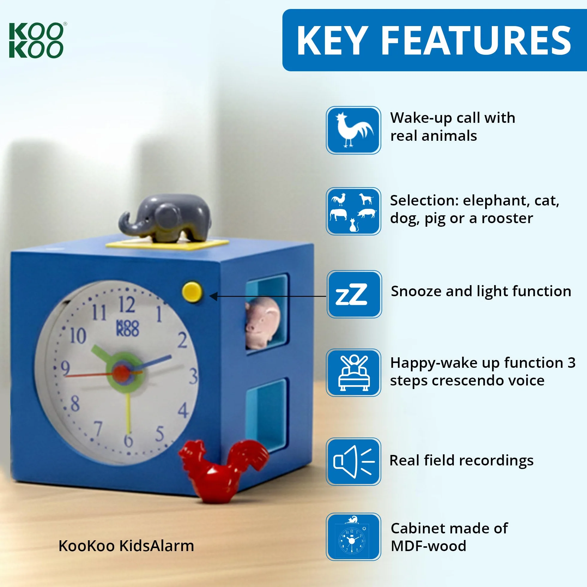 KOOKOO KidsAlarm Bleu réveil pour Enfants avec 5 Animaux de la Ferme