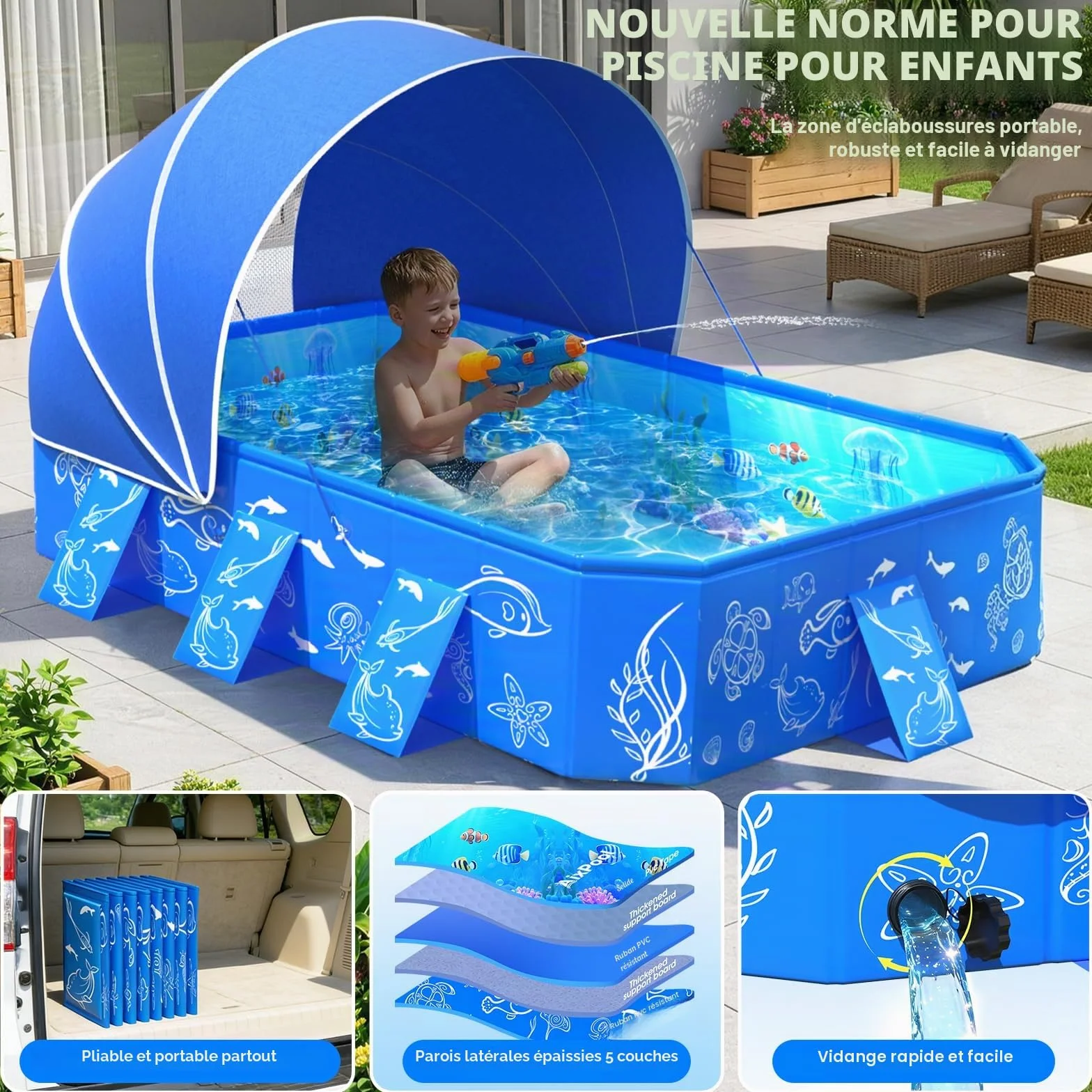 KingSom Piscine Rectangulaire Enfants avec Auvent, Pliable Pare Soleil Anti UV, 135 x 102 x 31 cm
