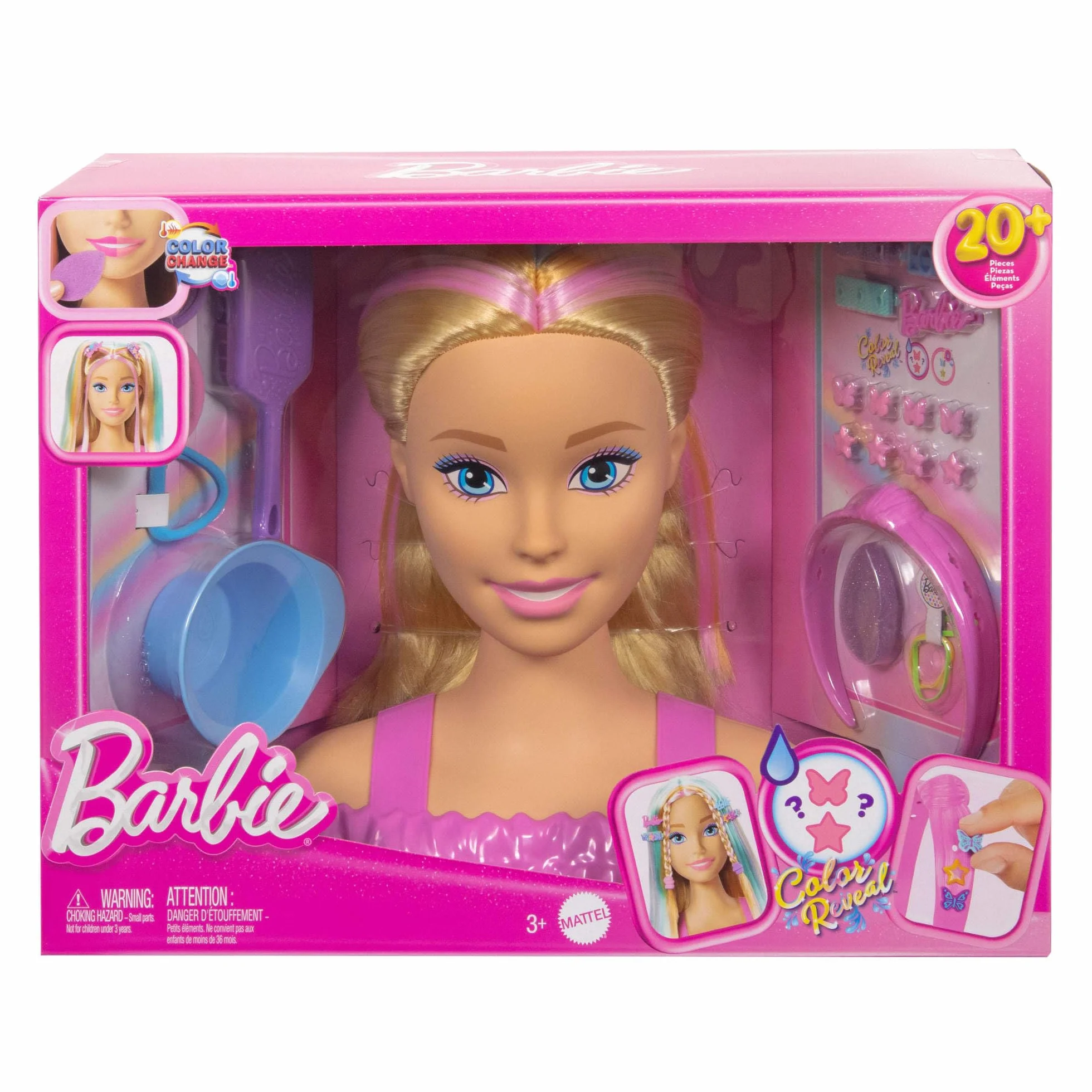 Barbie Tête à Coiffer Color Reveal cheveux blonds 20 accessoires coiffure barrettes étoile papillon changement couleur JFG81