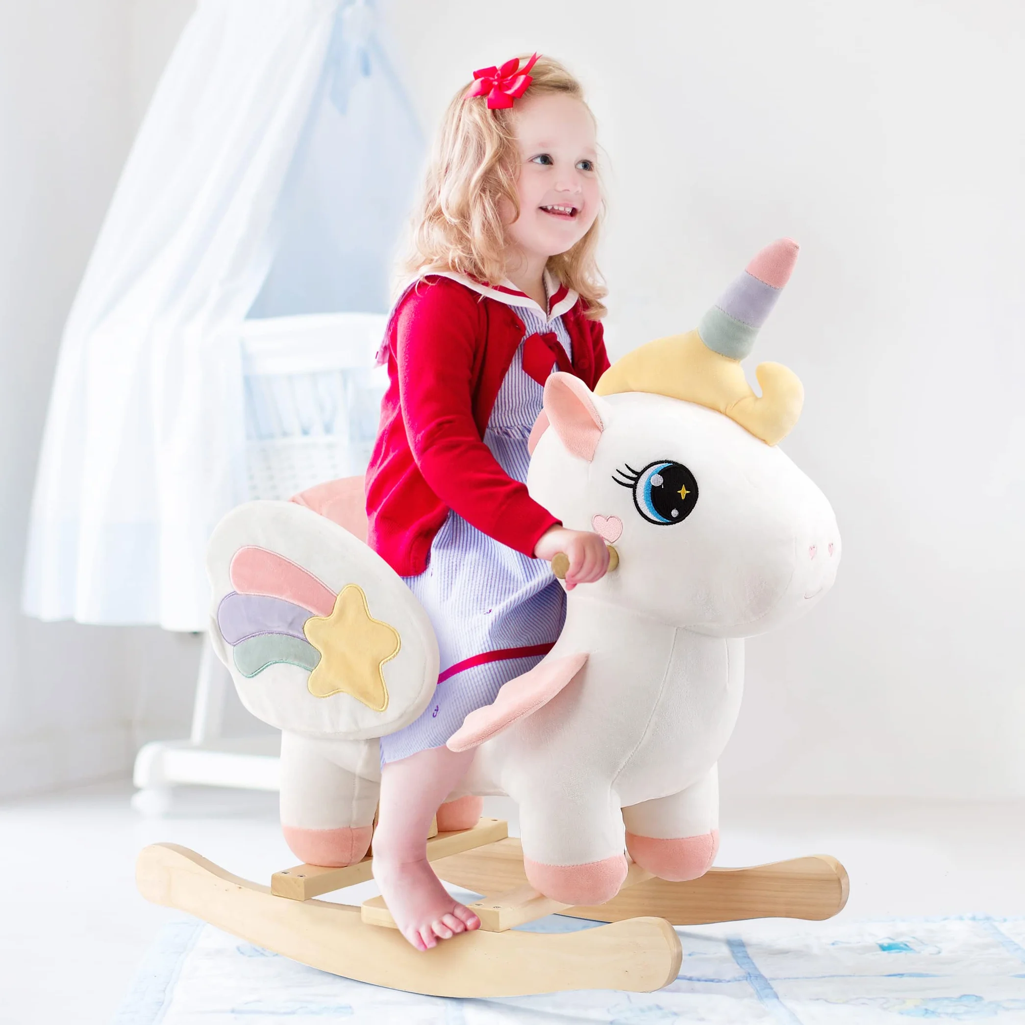 FUNLIO Cheval à Bascule Licorne pour Bébé 6 Mois-3 Ans, Peluche, Facile à Assembler, Certifié CE CPC
