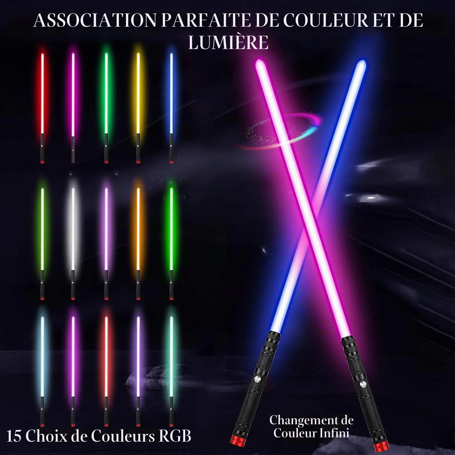 Sabre Laser Enfants RGB 15 Couleurs Rechargeable Effets Sonores FX Poignée Alliage Aluminium 2 Pièces