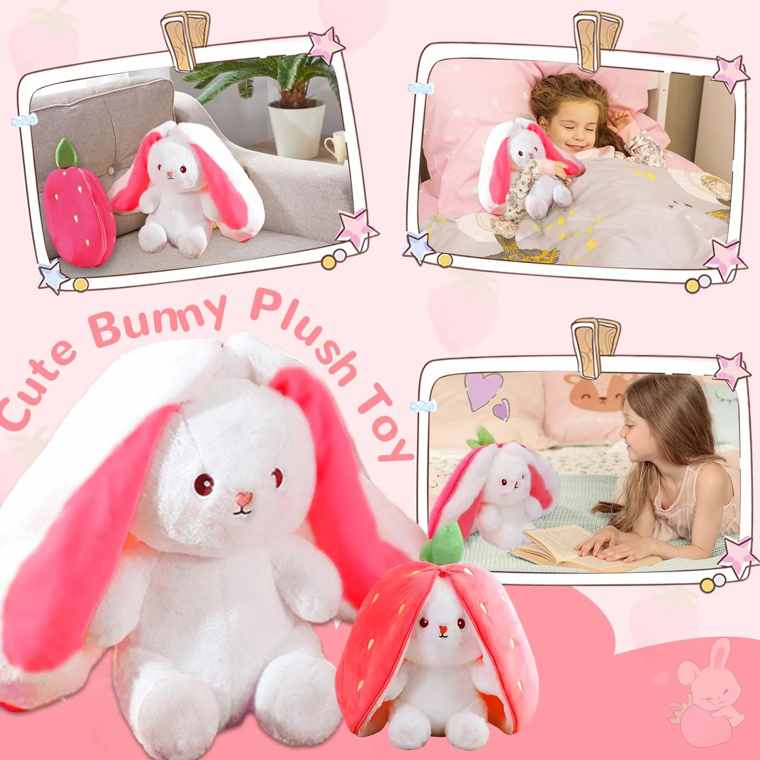 TOGETDREAM Lapin de Pâques 25cm Peluche Douceur Carottes Fraises Oreiller Enfants Rose