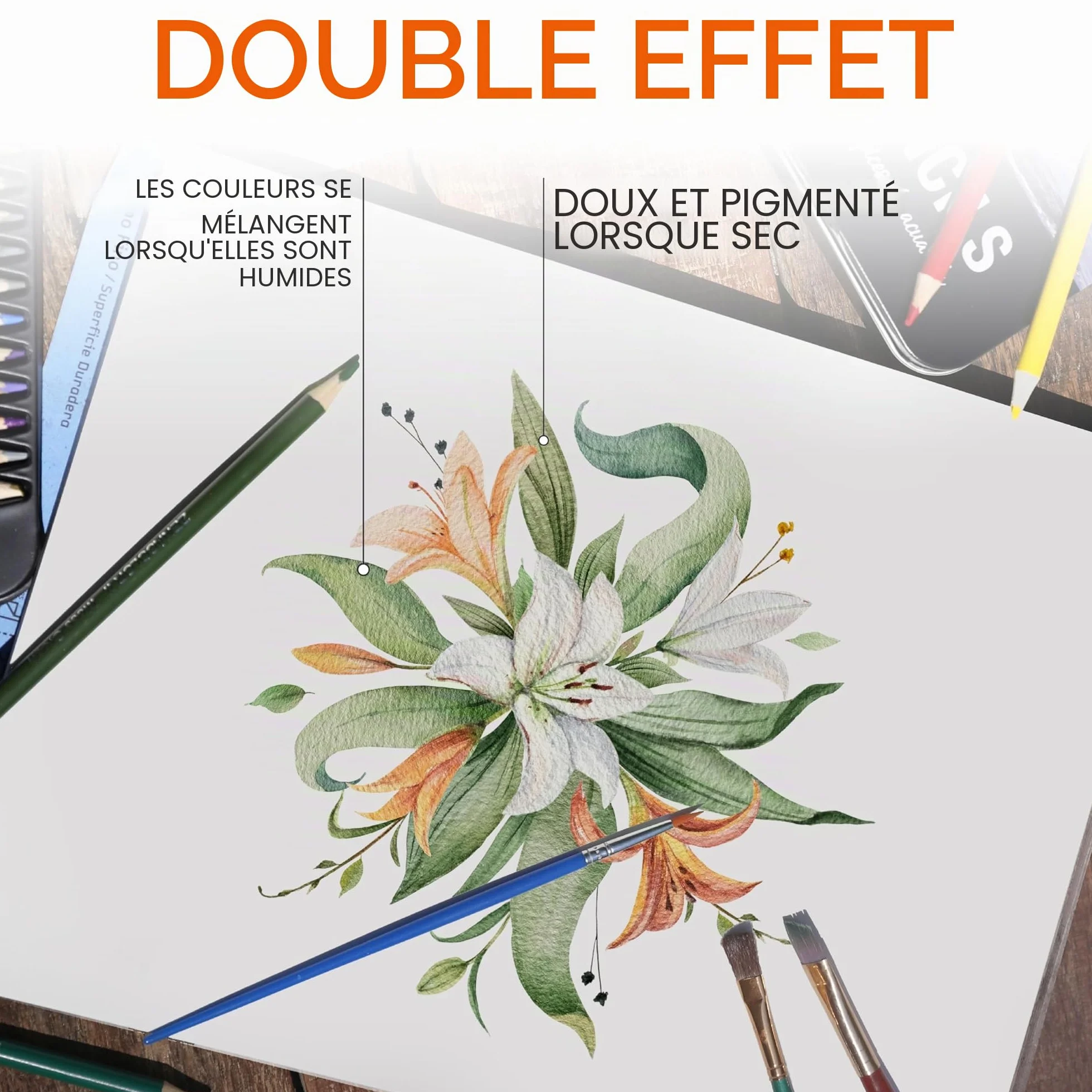 Zenacolor 72 Crayons Aquarellables, Set de 72 Couleurs Uniques, Pinceau et Boîte en Métal