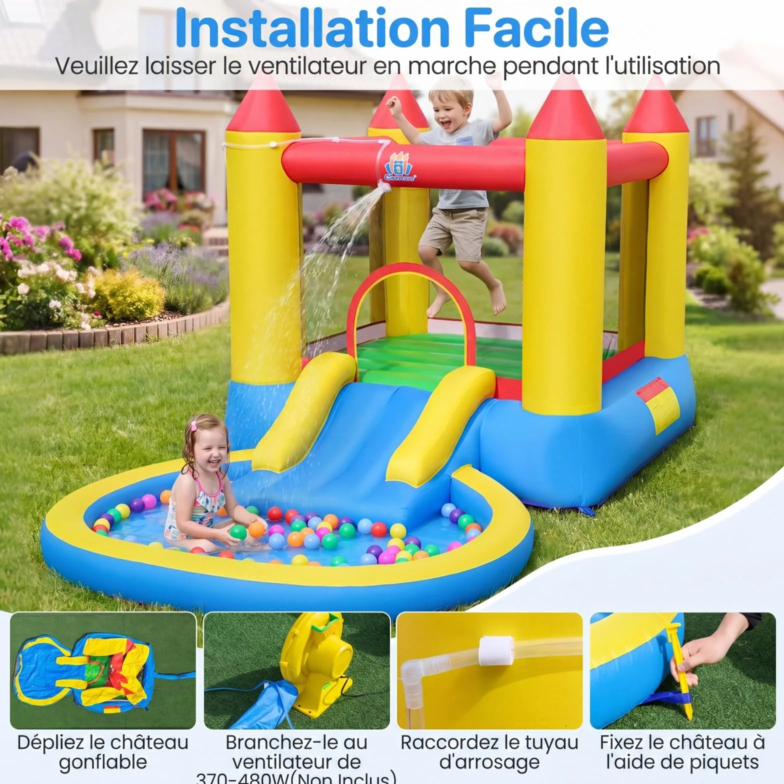 COSTWAY 3 en 1 Château Gonflable avec Toboggan et Maison de Saut, Aire de Jeux avec Piscine à Balles et 50 Balles Océaniques, pour 3-12 Ans