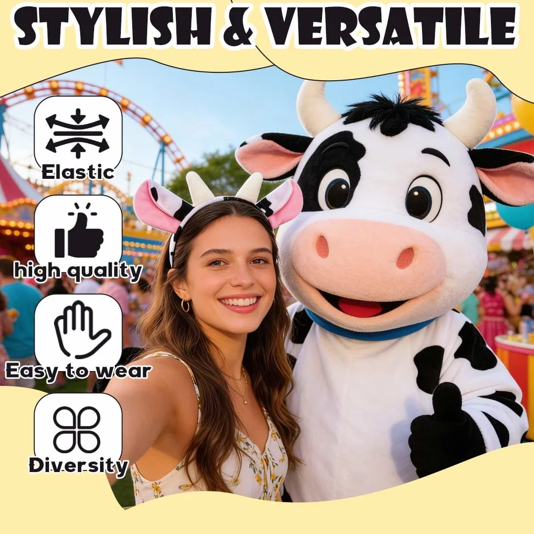 MKEWUU Serre Tete Homme Animaux Bandeau Oreilles Vache Noir Blanc Costume Cosplay Noël Fête Enfants Adultes