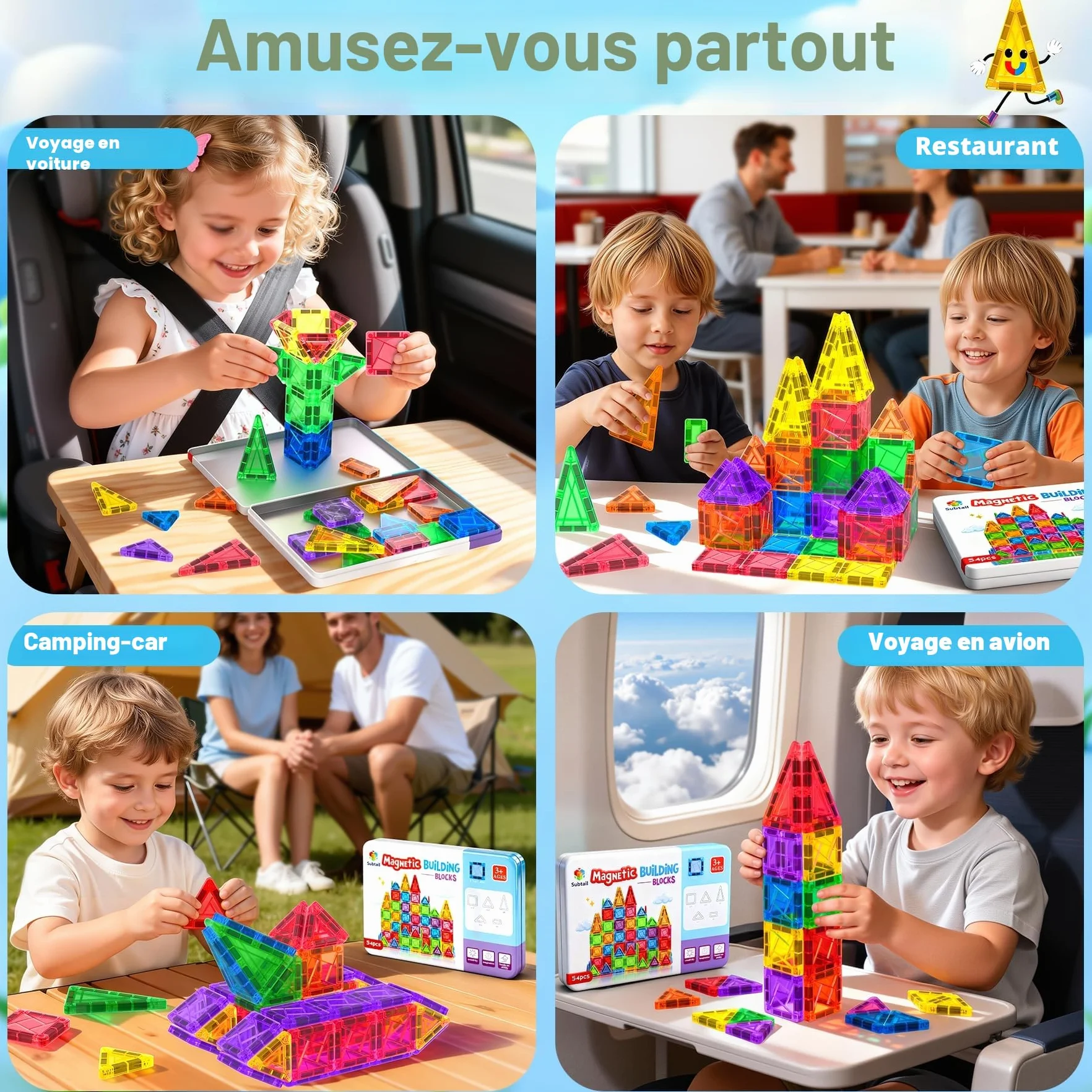 Bloc de Construction Magnetique 54PCS Jouet Cadeau Enfant 3 Ans Blocs Magnetic Tiles Montessori