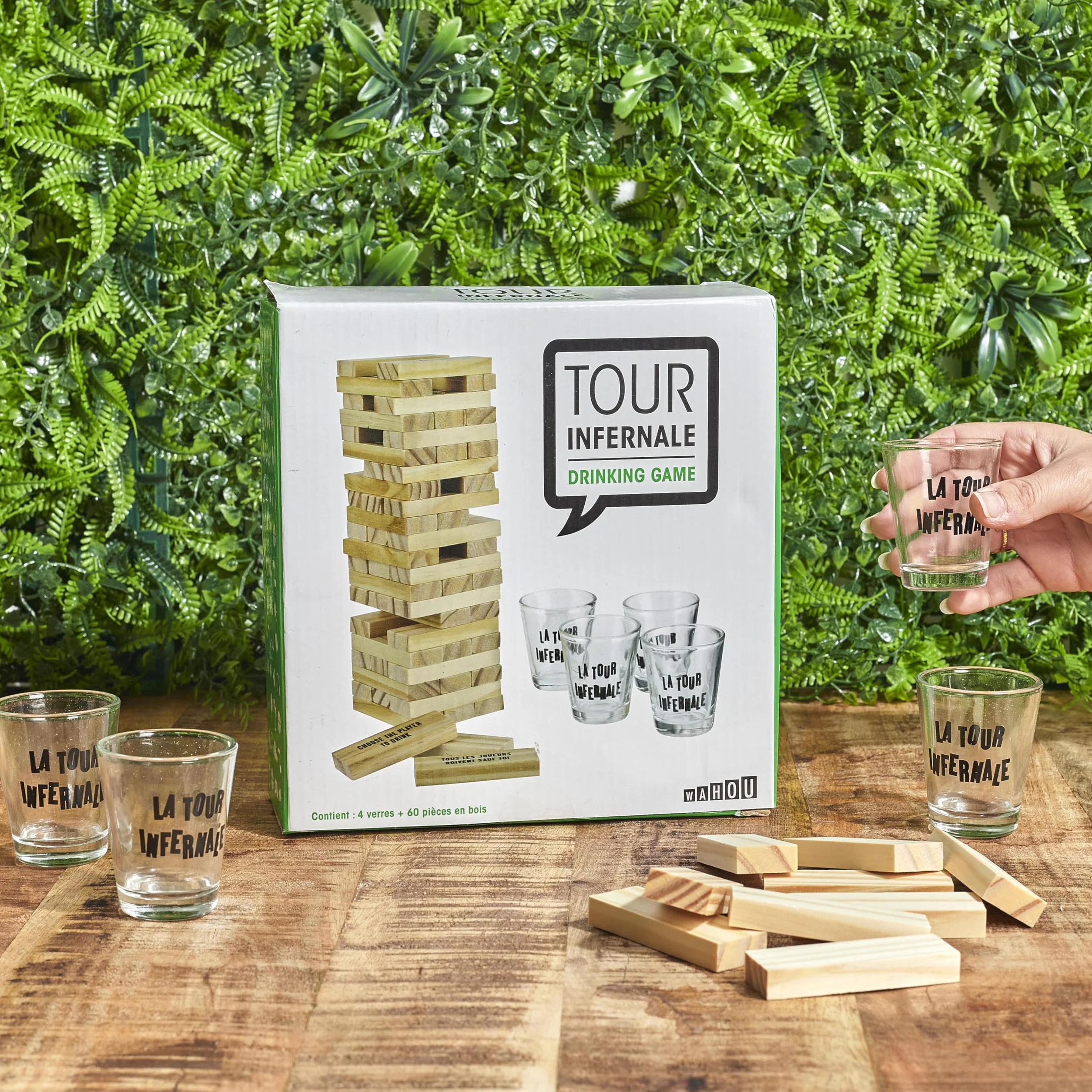 Jeu à boire Tour infernale Beige noir transparent Bois verre H20 x 7 x 19 cm