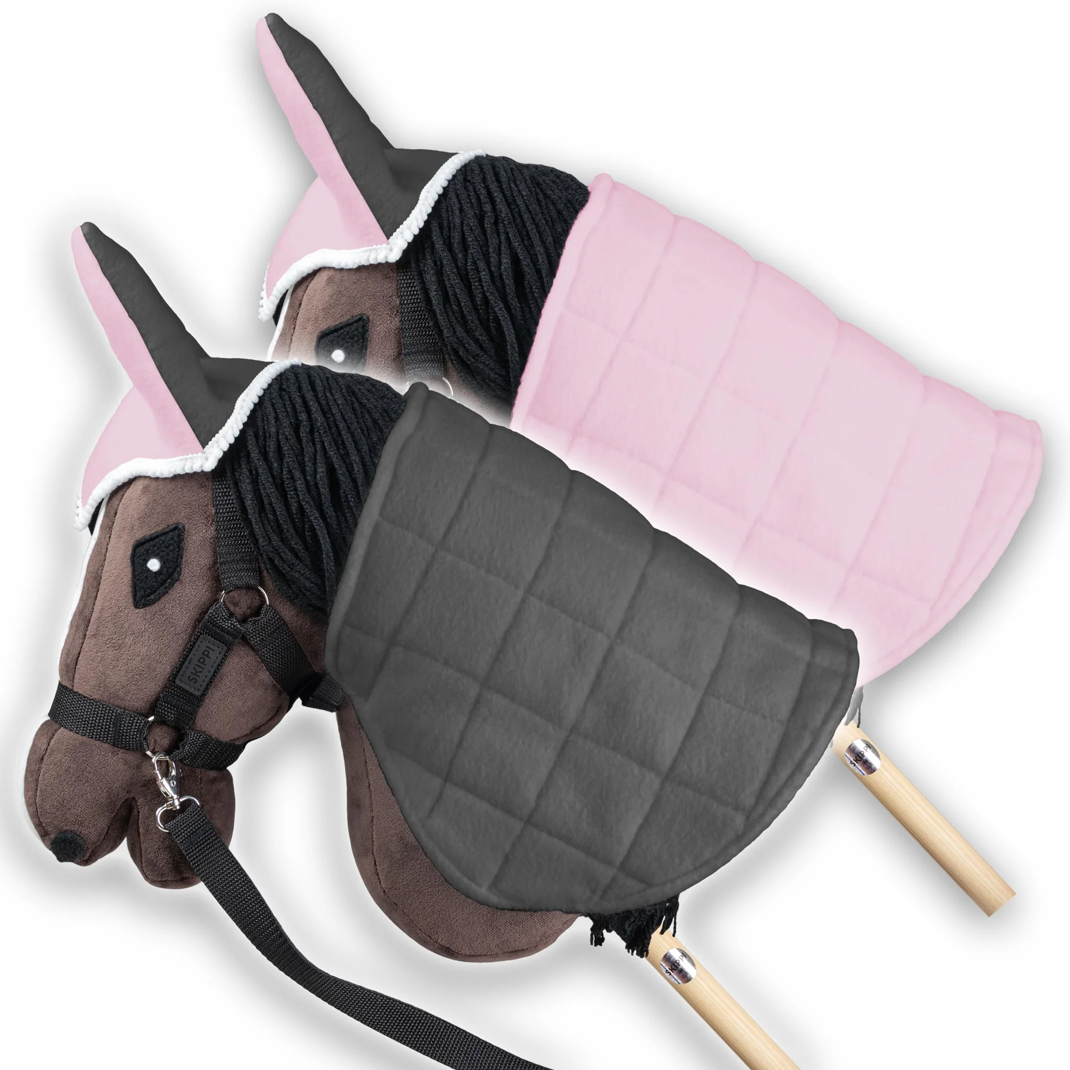 SKIPPI Couverture Réversible et Bonnet Anti Mouches pour Hobby Horse - Rose et Gris, Accessoire Tête de Cheval