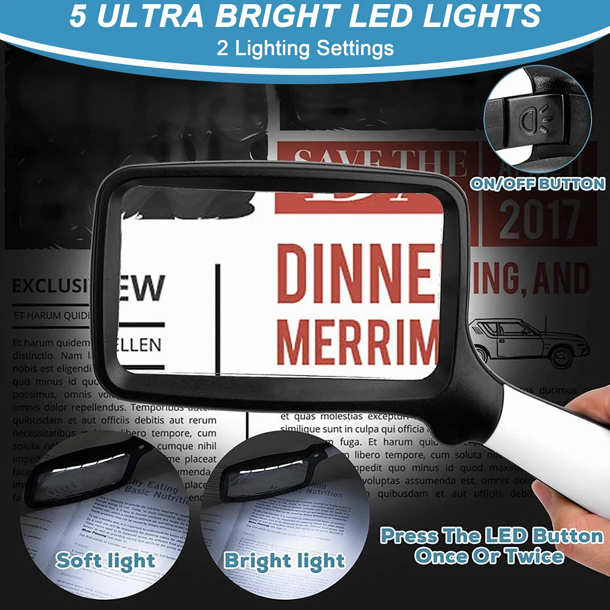 Loupe avec lumière 3 Fois 5 LED, loupe de lecture portative 2 Modes de Gradation