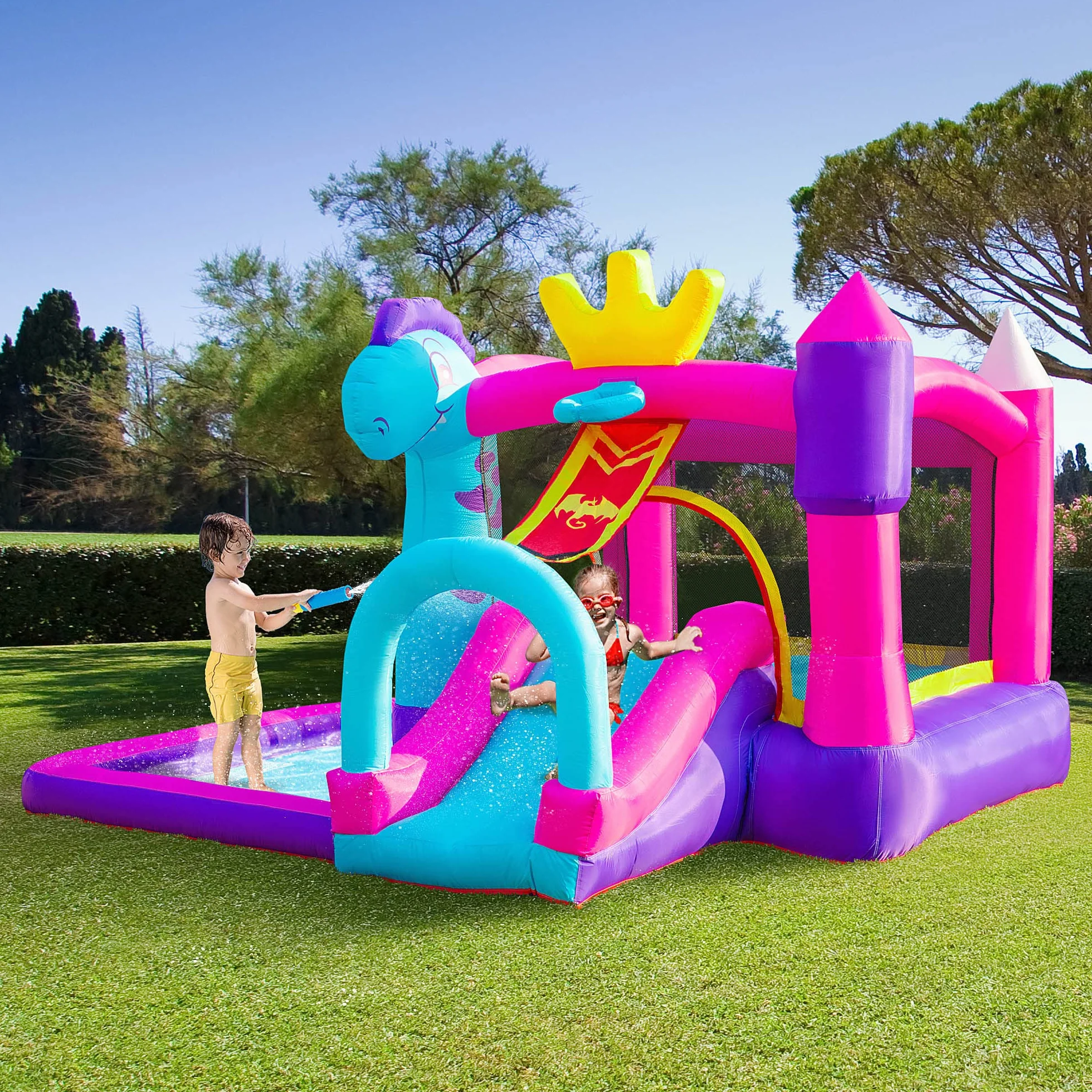 Outsunny Château Gonflable avec Toboggan, Trampoline et Piscine 300x270x200 cm 350W Souffleur Inclus