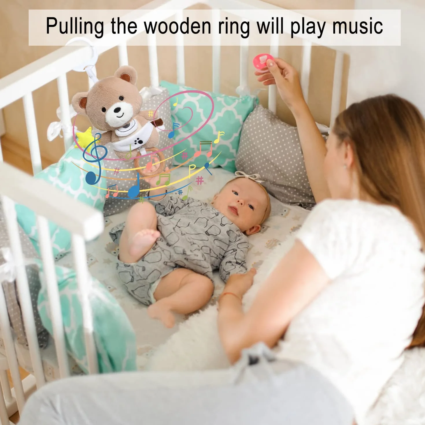 Peluche Bébé Ours avec Musique Douce pour Poussettes et Berceaux