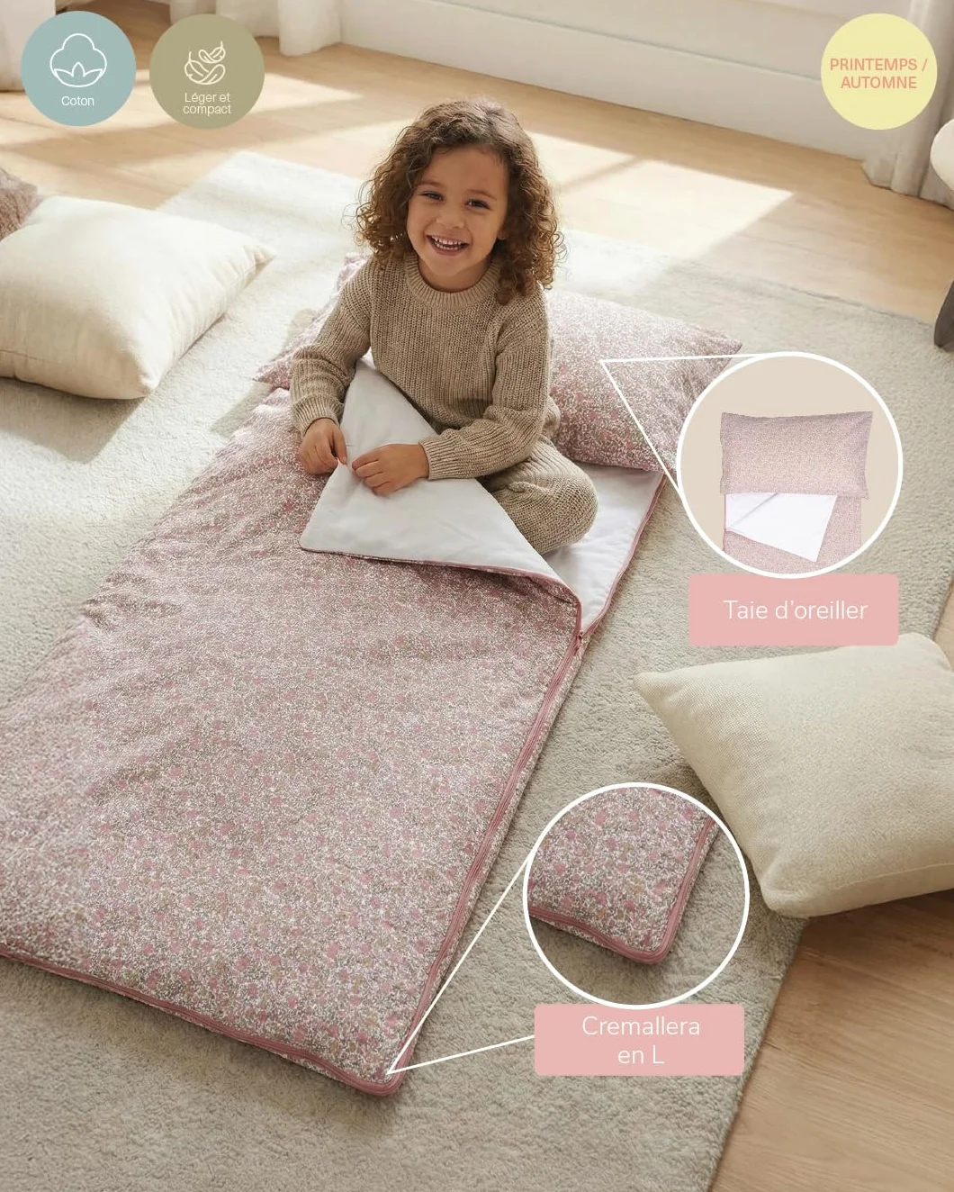 Molis&co TOG 1 Sac de couchage pour enfants 140x70 cm avec couverture et coussin intégrés 100% coton Oeko-Tex