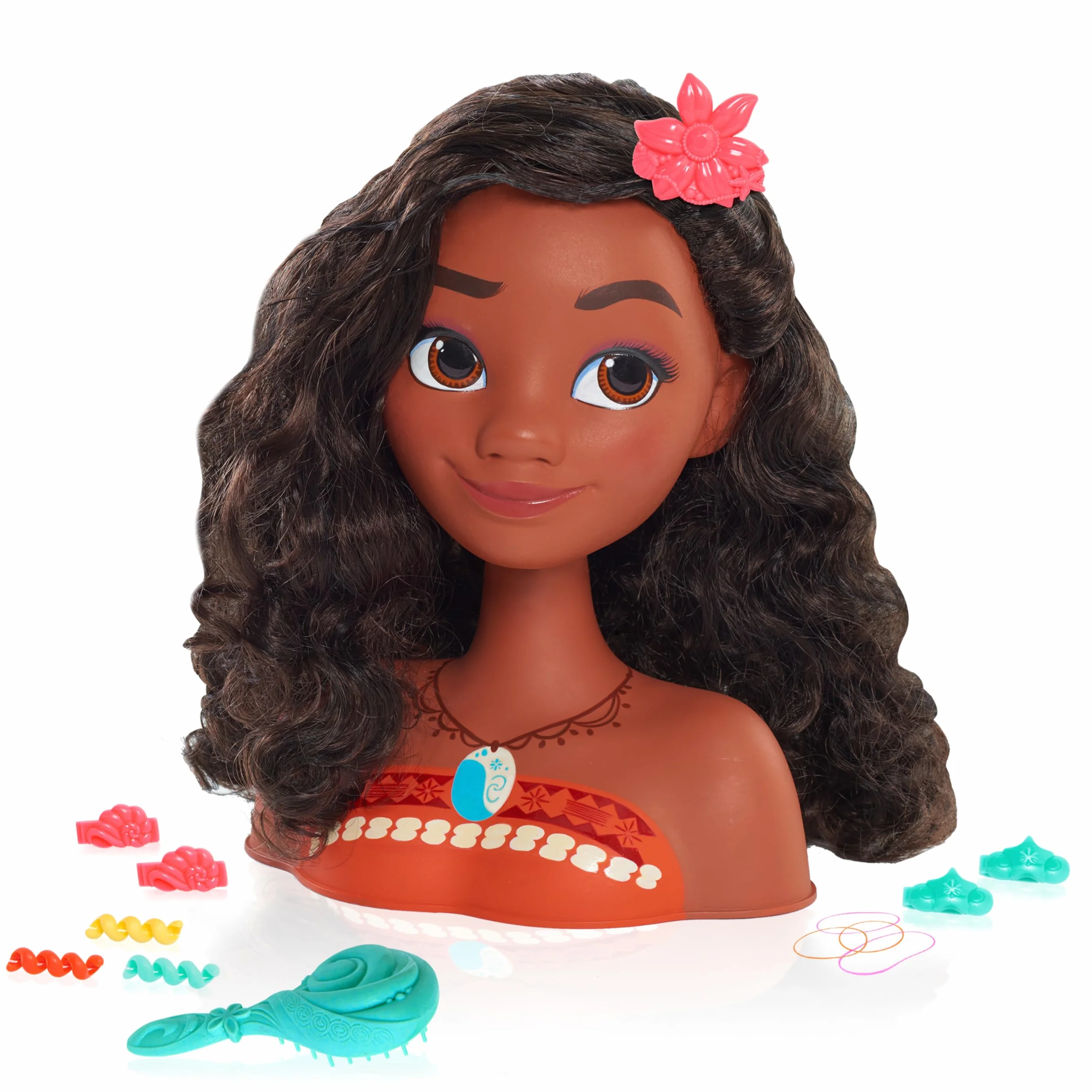 Just Play Tête à coiffer Vaiana Princesses Disney avec Accessoires 14 Pièces Chevelure Brune Yeux Marron Jouets Enfants 3 Ans+