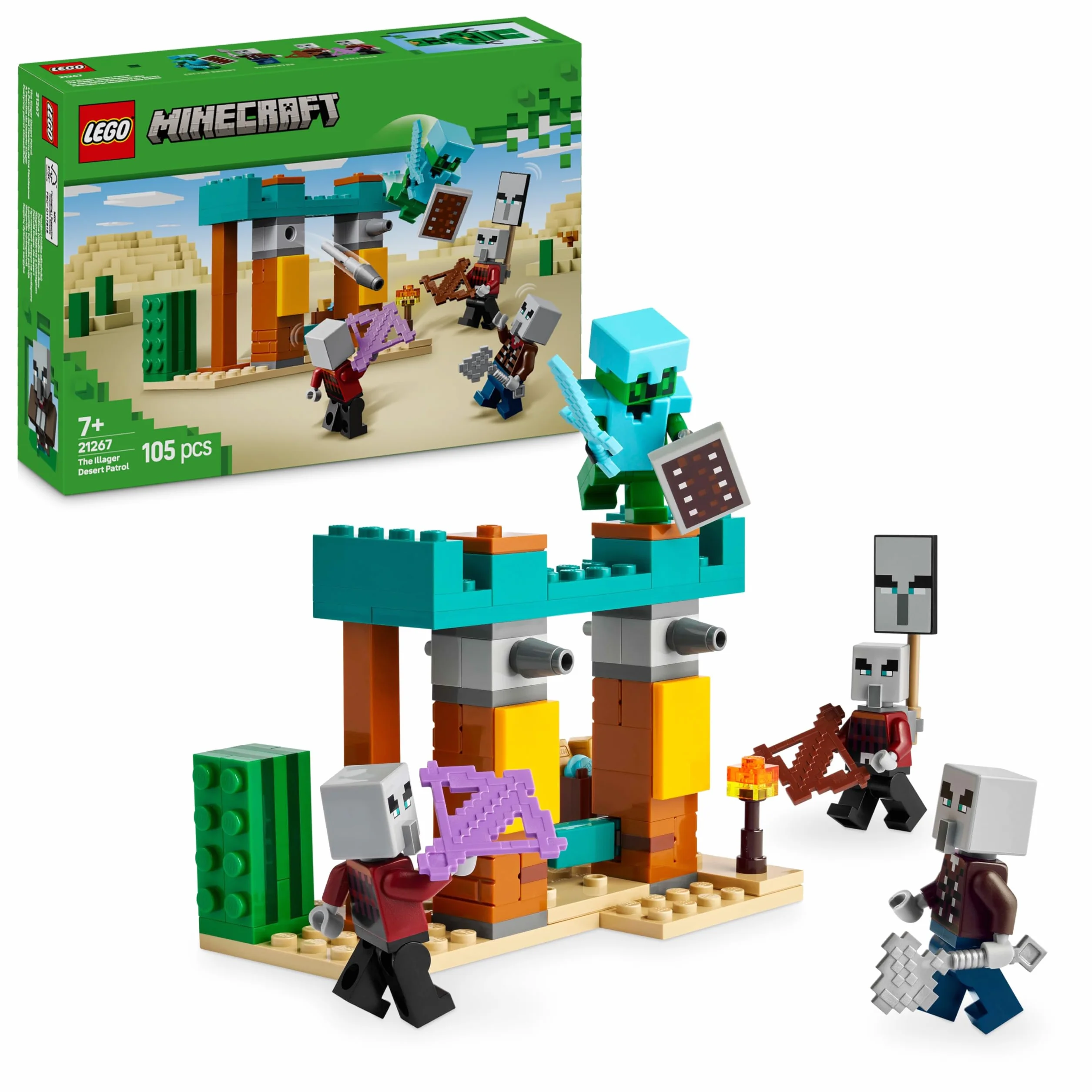 LEGO Minecraft La Patrouille d’Illageois du Désert 21267 Jouet de Construction Figurines Pillard Vindicateur Chevalier Cactus Cadeau 7 Ans