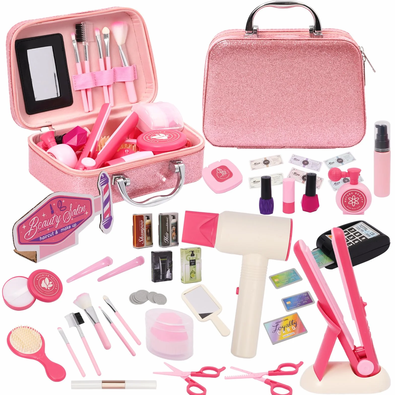Coffret de Coiffure Rose pour Enfants, Sèche-Cheveux, Lisseur, Peigne, Jeu de Rôle, Cadeau Fille 3 Ans+