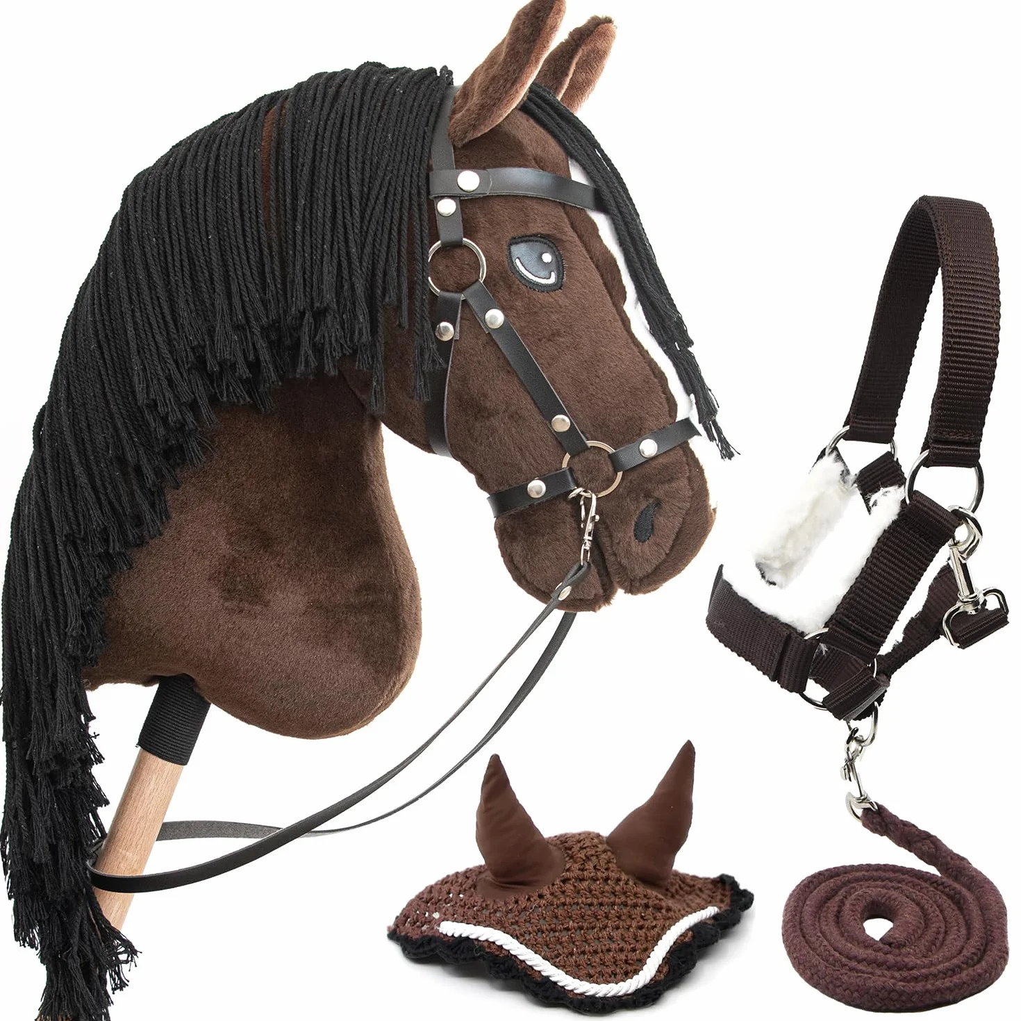 Cheval Bâton Hobby Horse A3 Bai Marron Crins Noirs Ensemble Complet Filet Mors Rênes Licol Longe Bonnet
