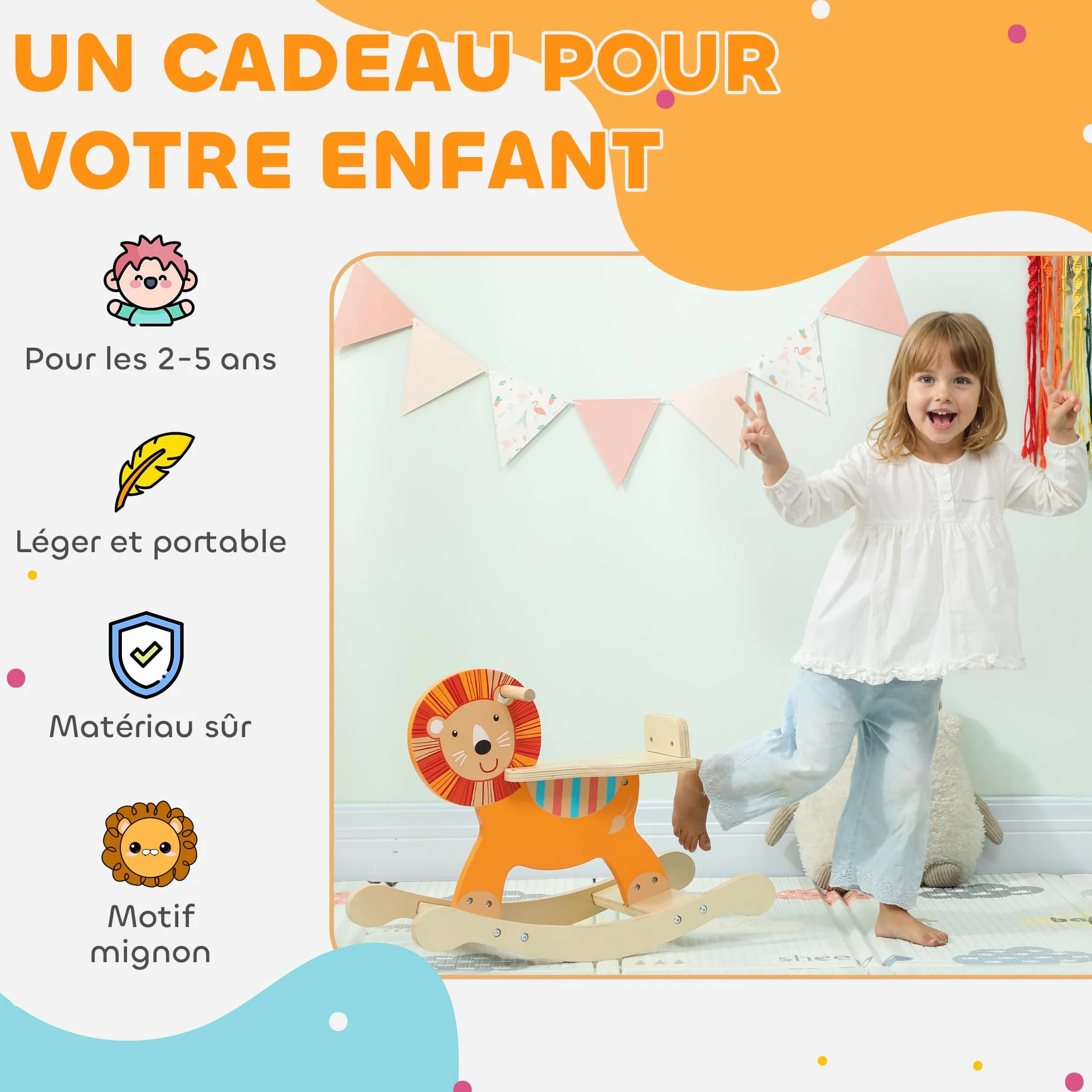 AIYAPLAY Cheval à Bascule en Bois pour Enfants 2-5 Ans, Jouet à Bascule Lion avec Guidon, Orange
