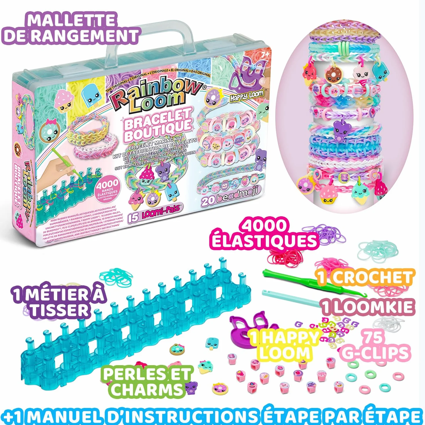 BANDAI Rainbow Loom Boutique Coffret Fabrication Bracelets Élastiques 4000 Élastiques Crochets Beadmojis Charms Enfant 7 ans+