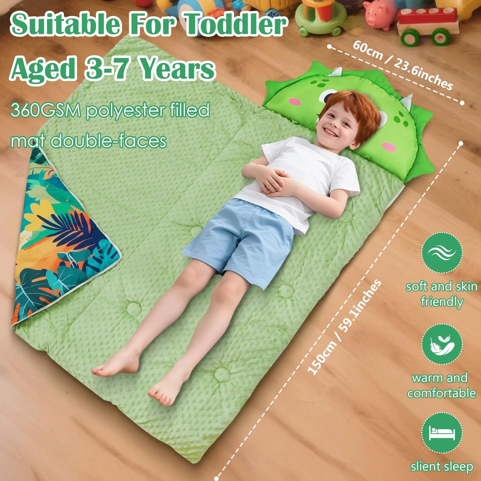Decalsweet Sac de Couchage Enfant avec Oreiller Amovible, Tapis de Sieste Double Fermeture Eclair 150×60cm