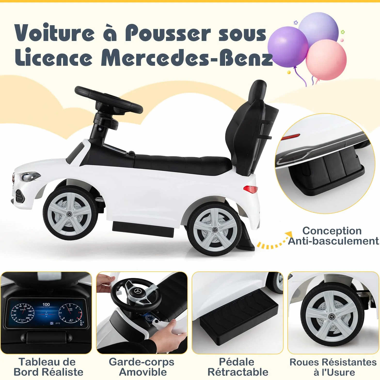 COSTWAY Mercedes-Benz Porteur Enfant 3 en 1 avec Volant Klaxon Son de Moteur, Voiture à Pousser 25kg 18-36 Mois Blanc