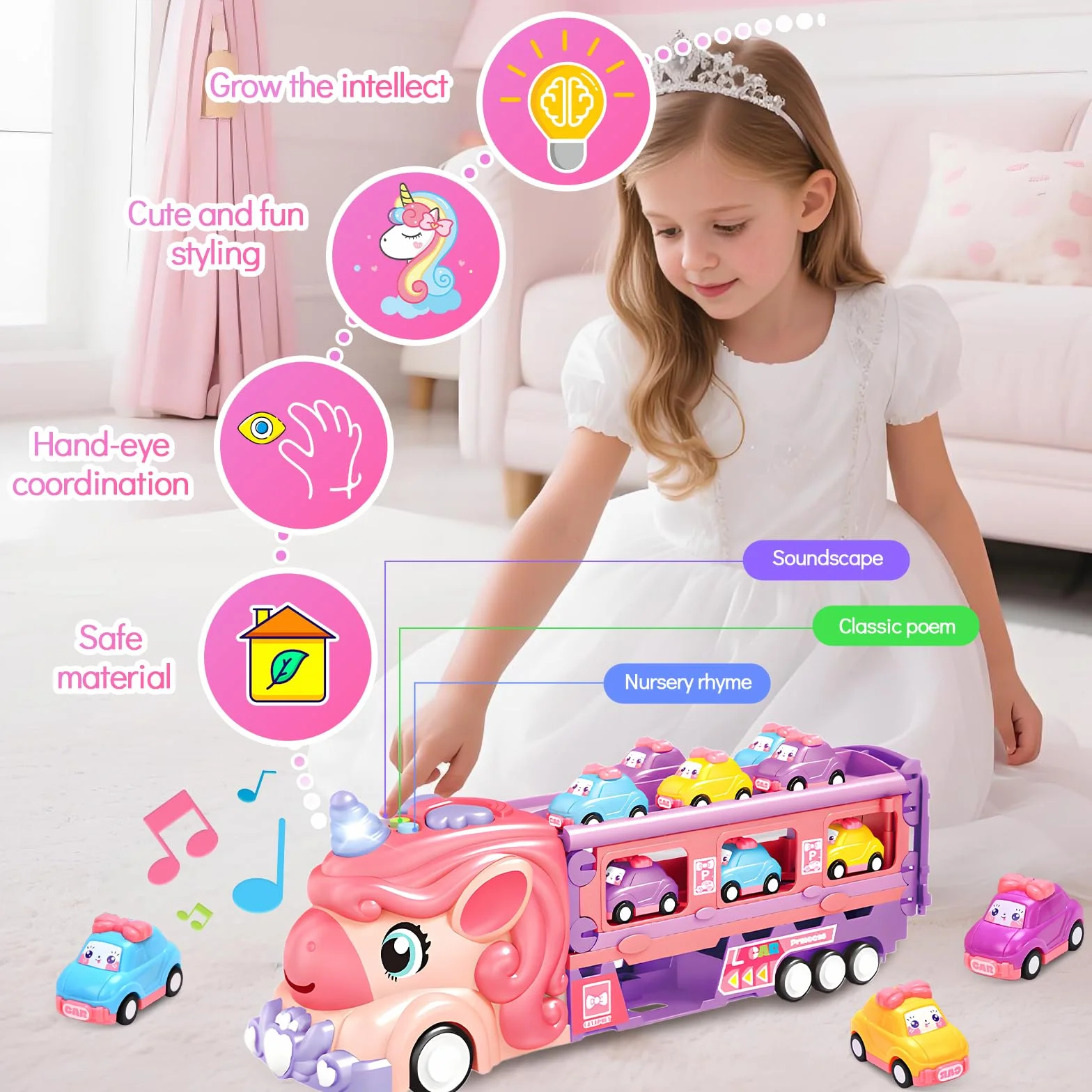 RoserRose Camion Licorne pour Fille 2-6 Ans avec 6 Mini-Voitures et Piste de Course, Lumières et Musique, Cadeau Enfant