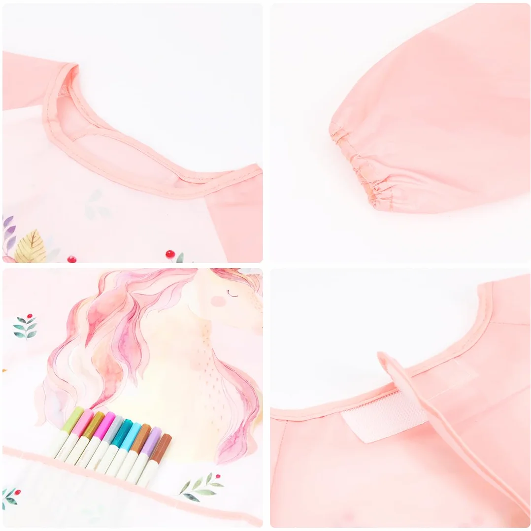 Tablier Peinture Enfant 3-8 Ans Imperméable Manches Longues 3 Poches Licorne Dino Animal
