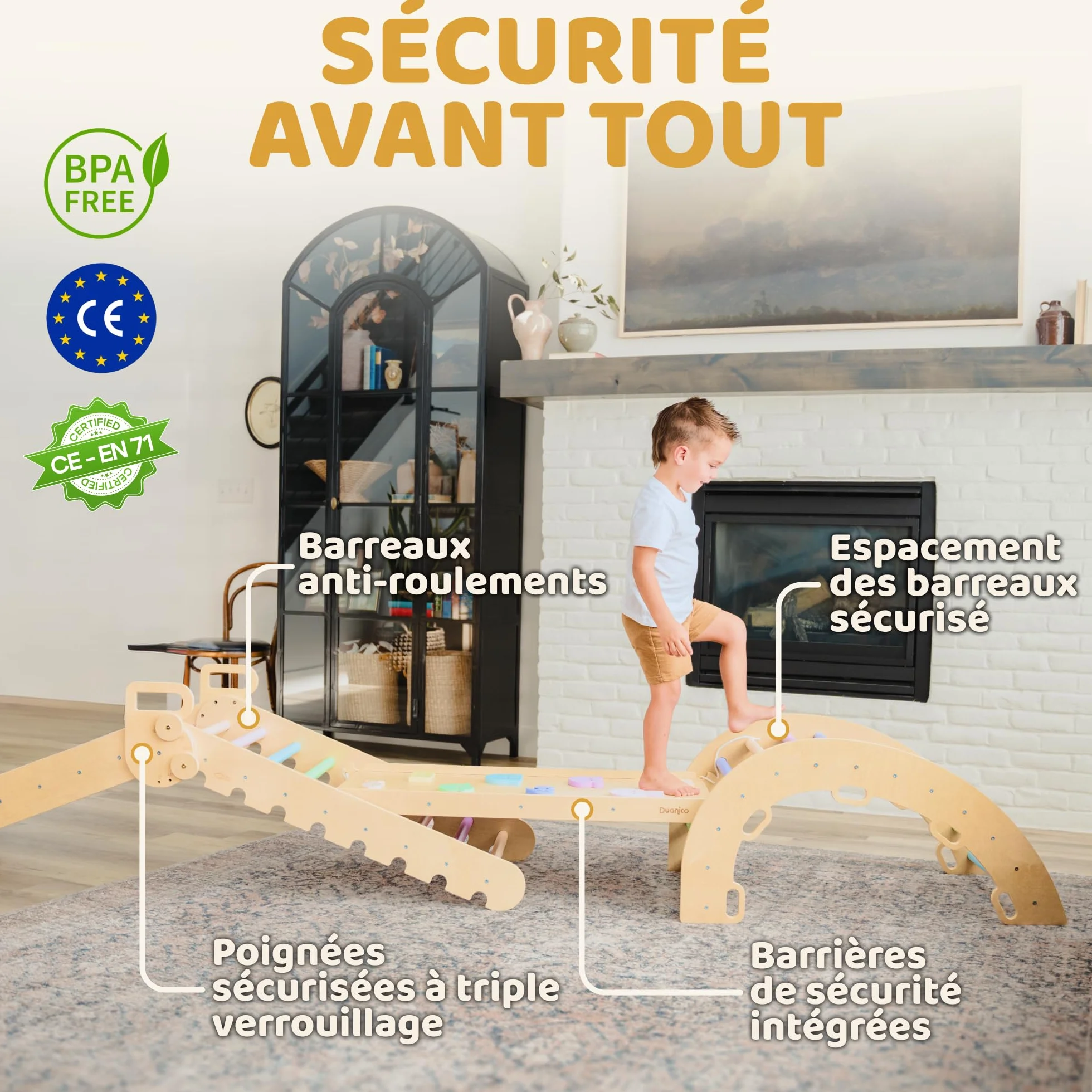 Triangle de Pikler Montessori Large 9en1, 5 Angles Ajustables, Parcours de Motricité Bébé Enfant 1-7 Ans avec Arche Escalade Bois