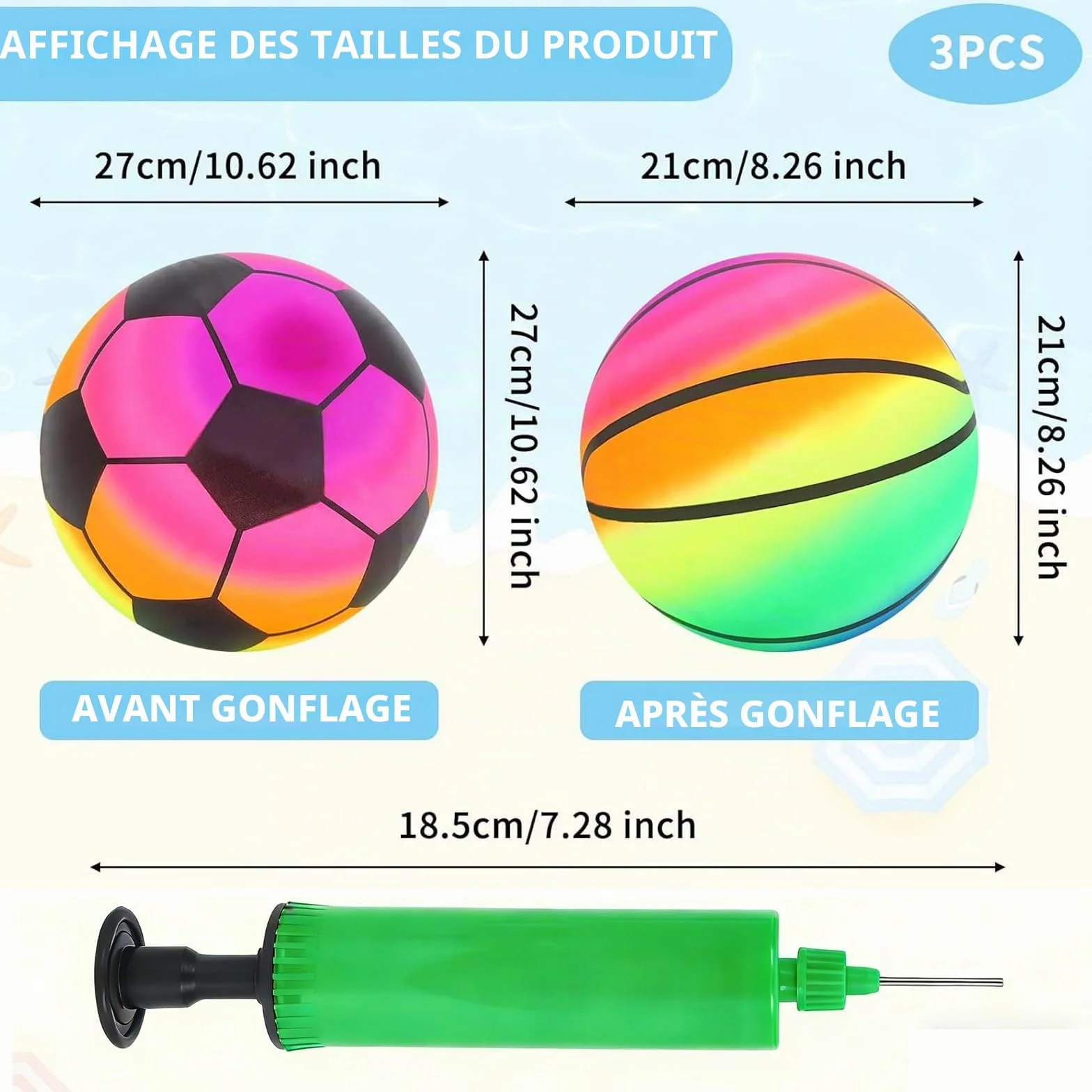 Ballon de Plage Gonflable 3 Pièces avec Pompe, Balle Rebondissante en PVC pour Enfants, Rainbow Jeu Molle Soccer Kickball