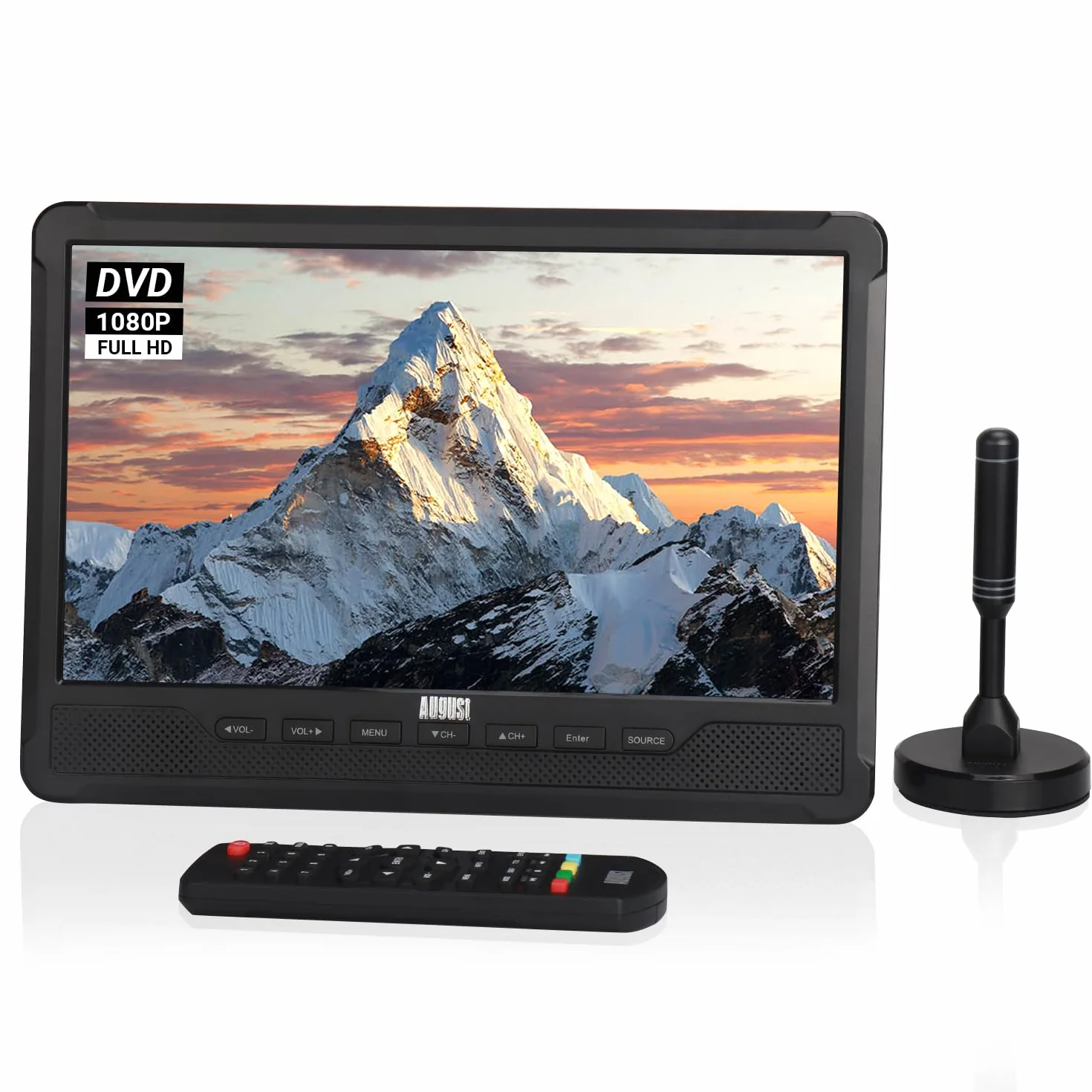 August DA383 TV Portable 10" avec Lecteur DVD Intégré, Enregistrement TV TNT HD DVB-T2, Batterie Rechargeable, CD/DVD/USB/SD, HDMI, AV