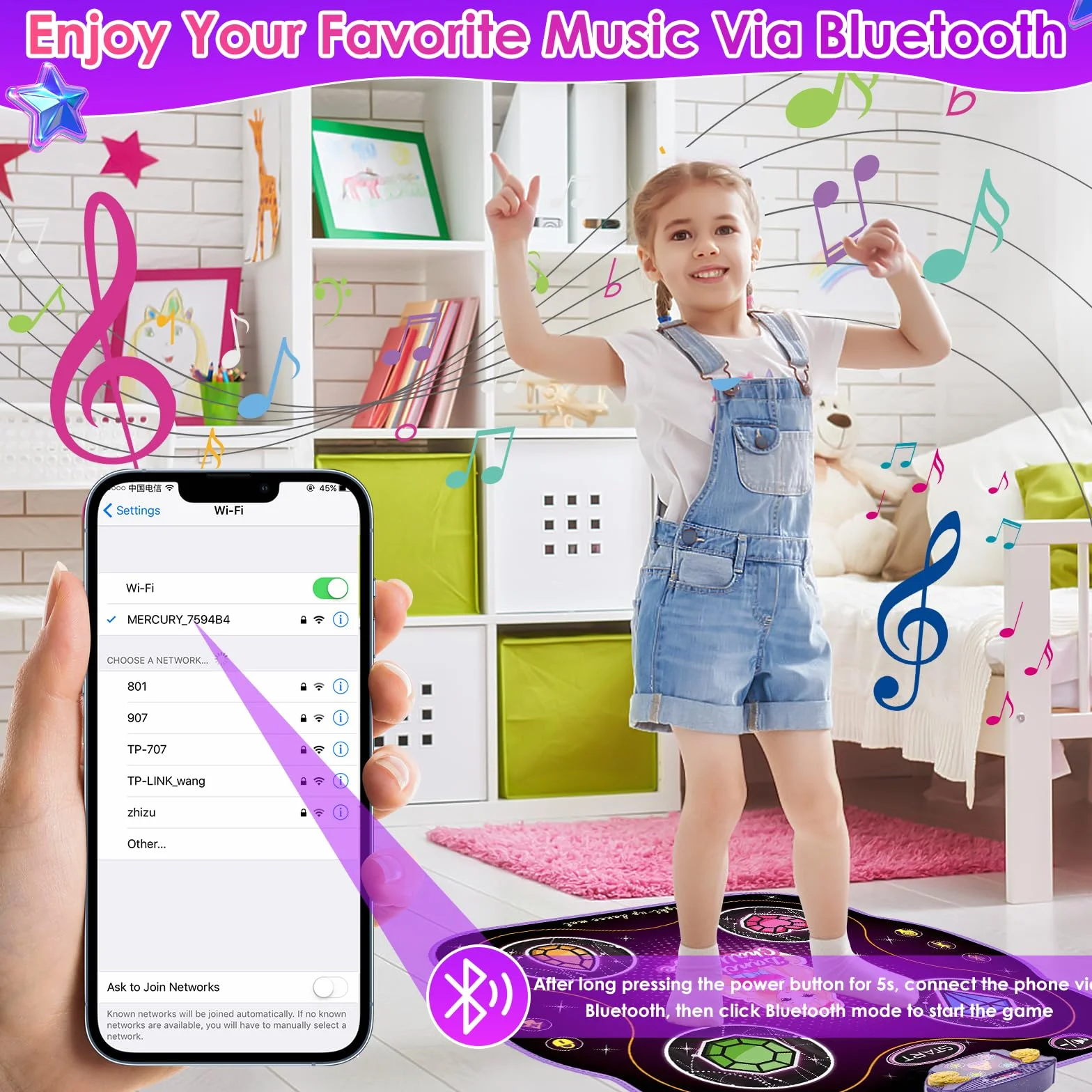 ZWOOS Tapis de Danse Enfant 3-12 Ans Éclairé Bluetooth Musical Cadeau Fille Noël Anniversaire