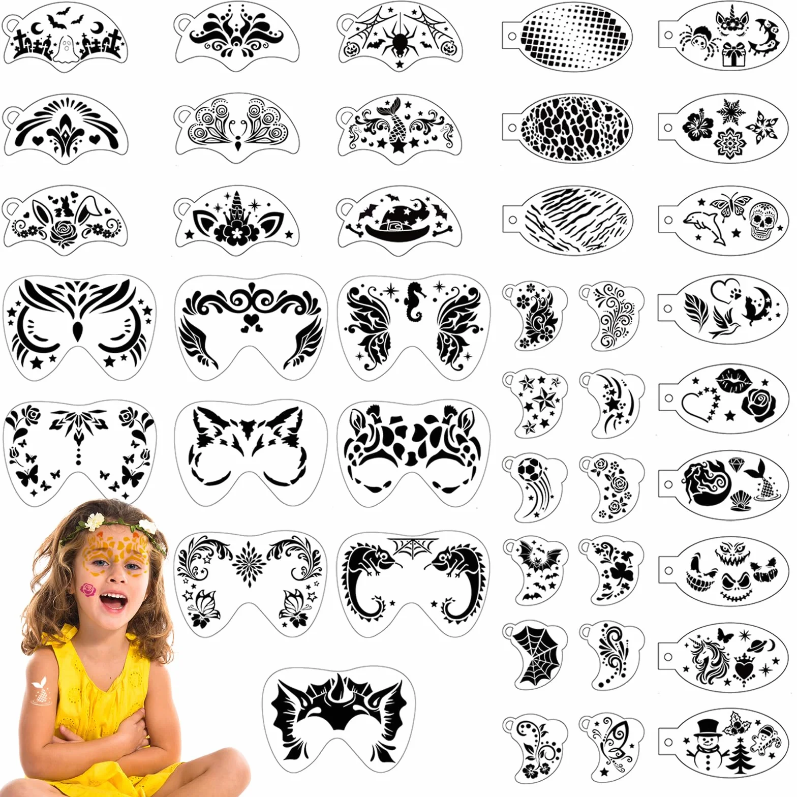 OOTSR Pochoir Maquillage Enfant, 42 Pcs Modèle de Tatouage pour Visage et Corps