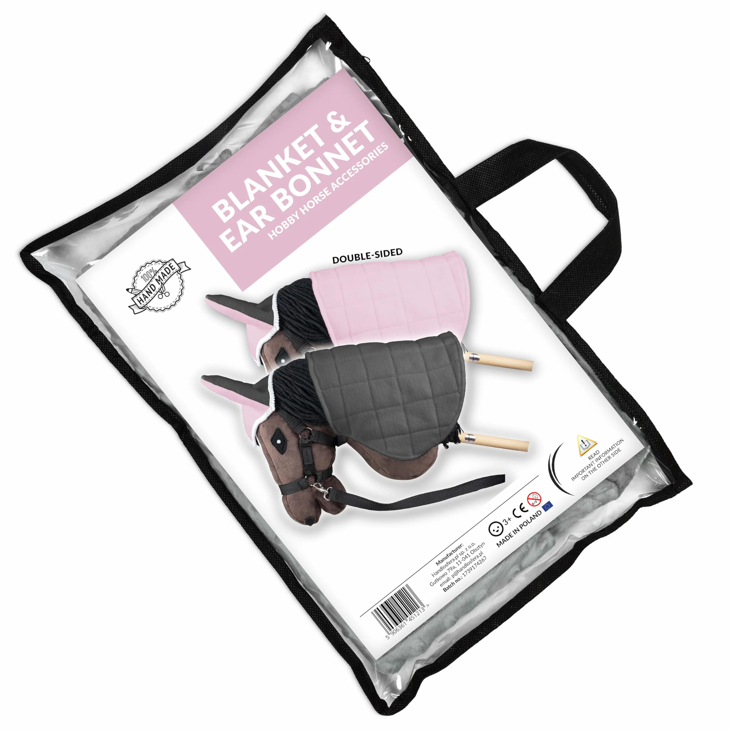 SKIPPI Couverture Réversible et Bonnet Anti Mouches pour Hobby Horse - Rose et Gris, Accessoire Tête de Cheval