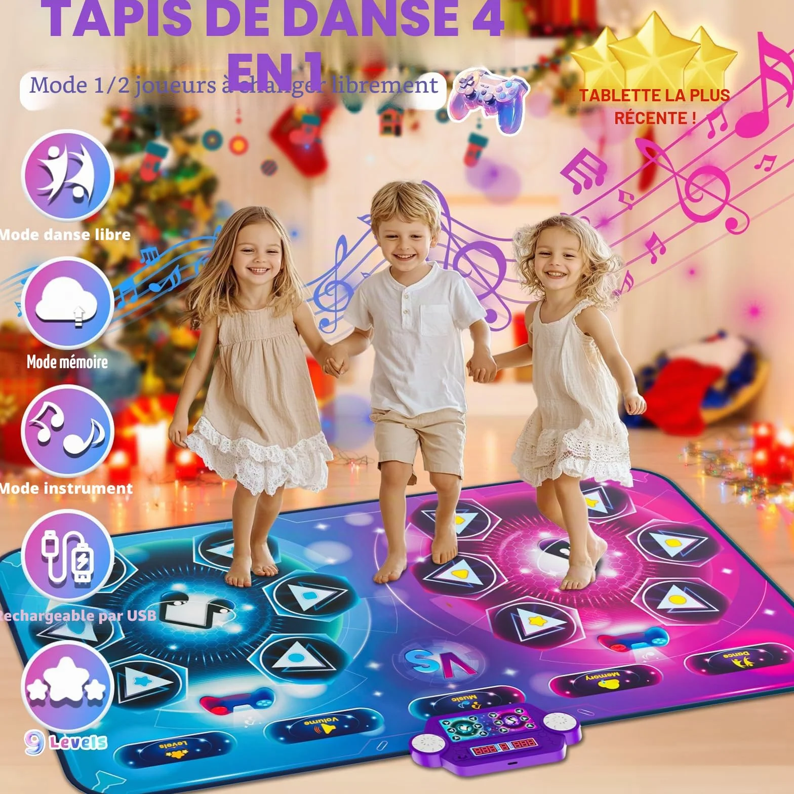 Tapis de Danse Rechargeable Double Joueur Taille Extra-Large 150x96 cm avec Musique Mode Défi Piano Lumières LED Cadeau Enfants 3-12 Ans