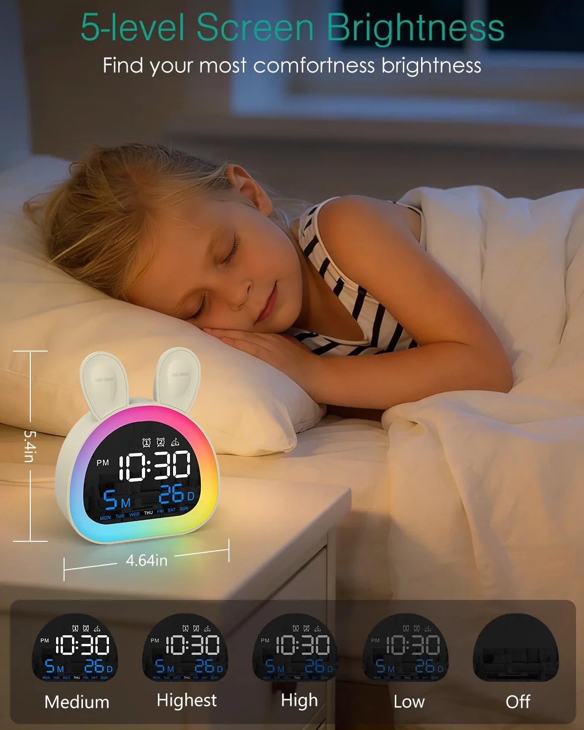 ORIA Réveil Numérique Enfant avec Veilleuse Multicolore, Bluetooth, Sons Naturels, 5 Niveaux Luminosité