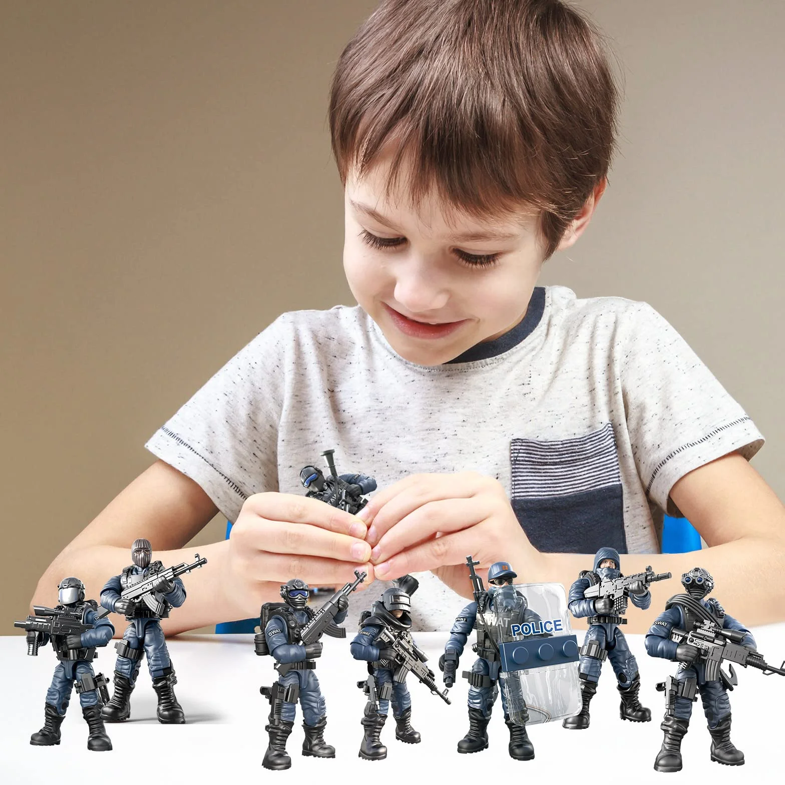 MEIEST 8 PCS Mini SWAT Model Figurines d'action Militaire, City Police Block Toy avec Accessoires d'armes
