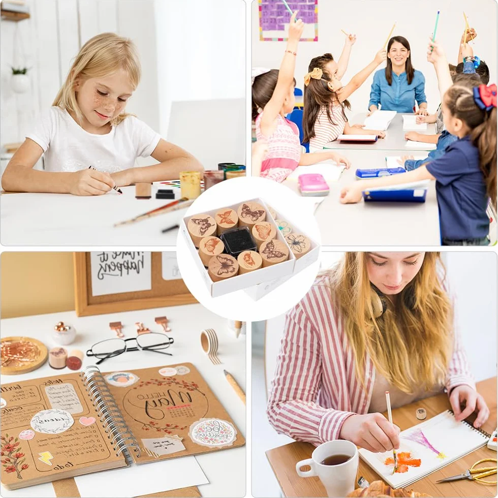 Papillons Tampons en Bois Set 16 Pièces pour Enfants Artisanat Scrapbooking Cartes