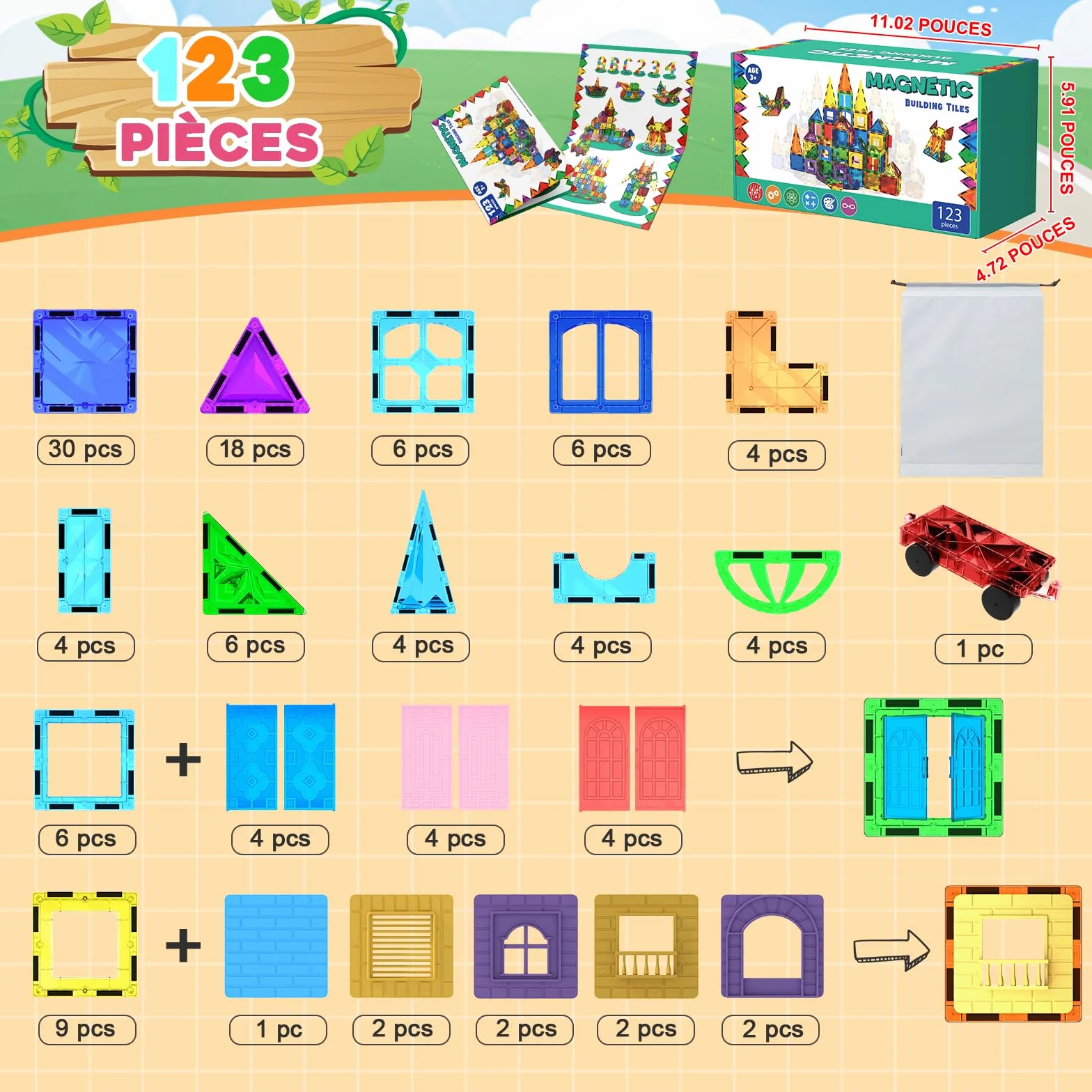 Magneverse 123 Pièces Bloc de Construction Magnétique Jeu de Tiles Magnétiques Jouet Éducatif STEM