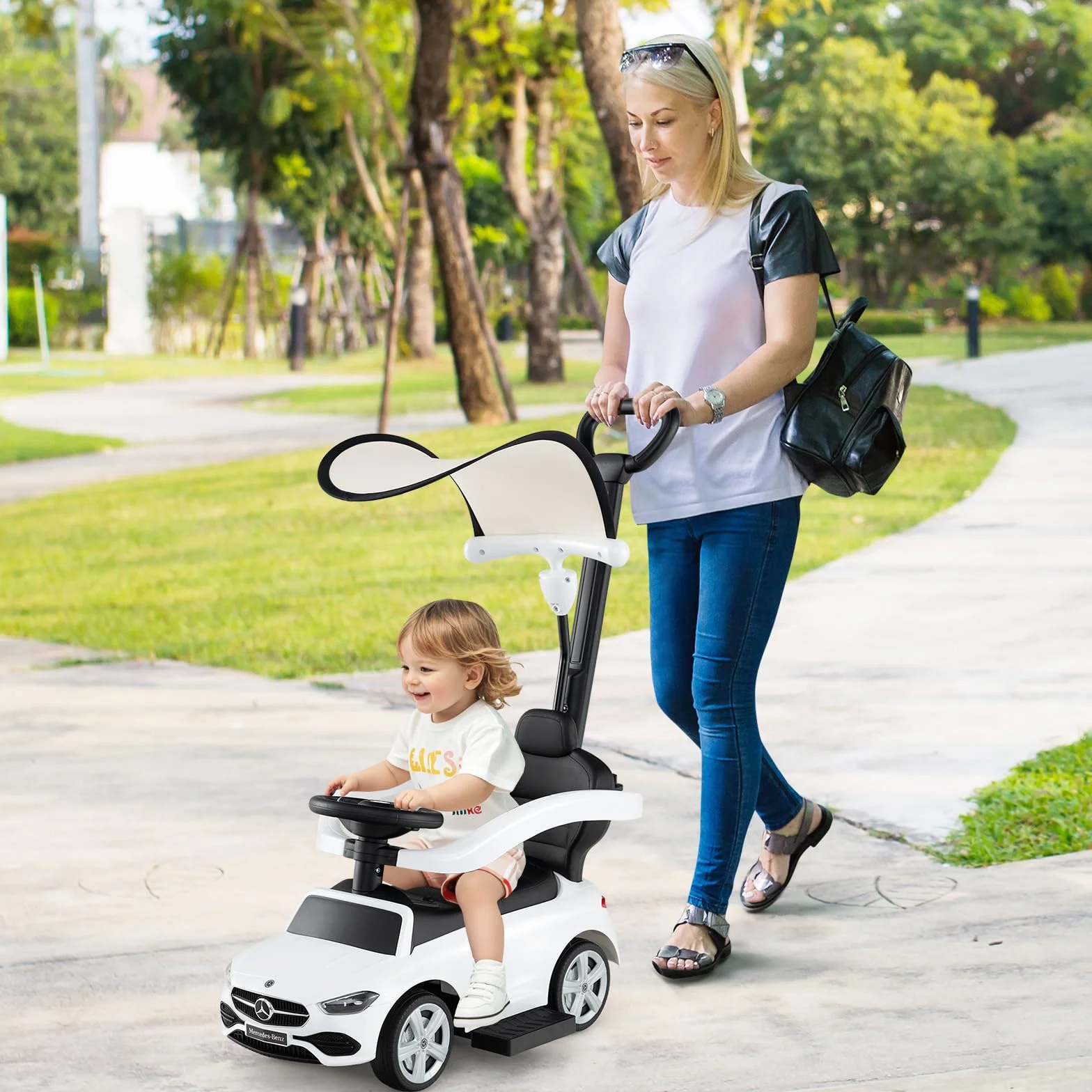 COSTWAY Mercedes-Benz Porteur Enfant 3 en 1 avec Volant Klaxon Son de Moteur, Voiture à Pousser 25kg 18-36 Mois Blanc