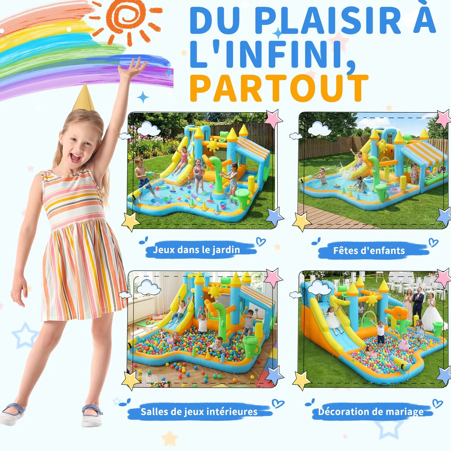 LEADZM Château Gonflable Jardin avec Souffleur, Cabane de Vente, Fleur Gonflable, Pulvérisateur d'eau, Arrosoir, 490 x 385 x 210 cm