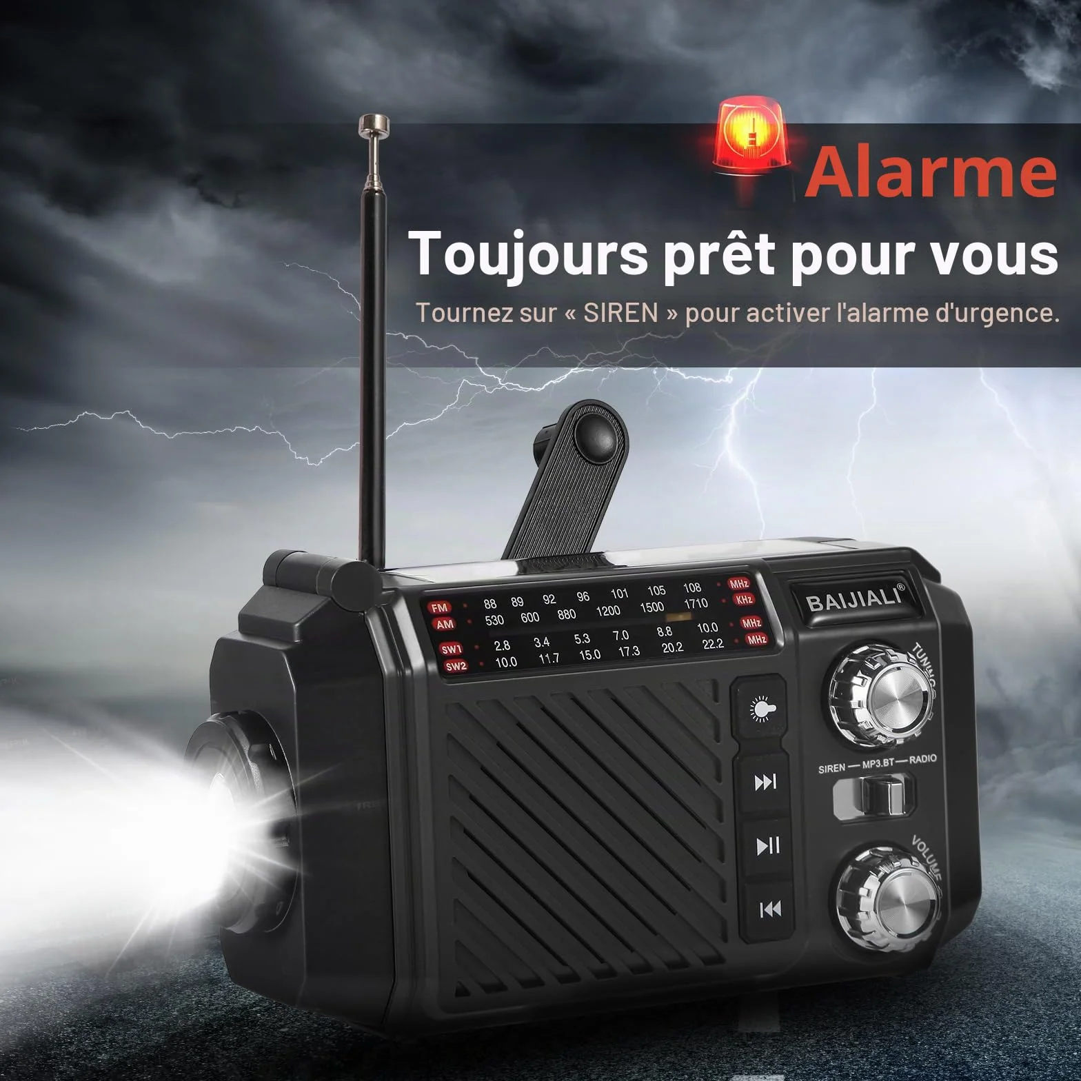 Radio de Survie à Manivelle avec Power Bank 2600mAh, Radio Solaire Dynamo AM/FM/OC, Lampe Torche SOS Rechargeable USB - Noir